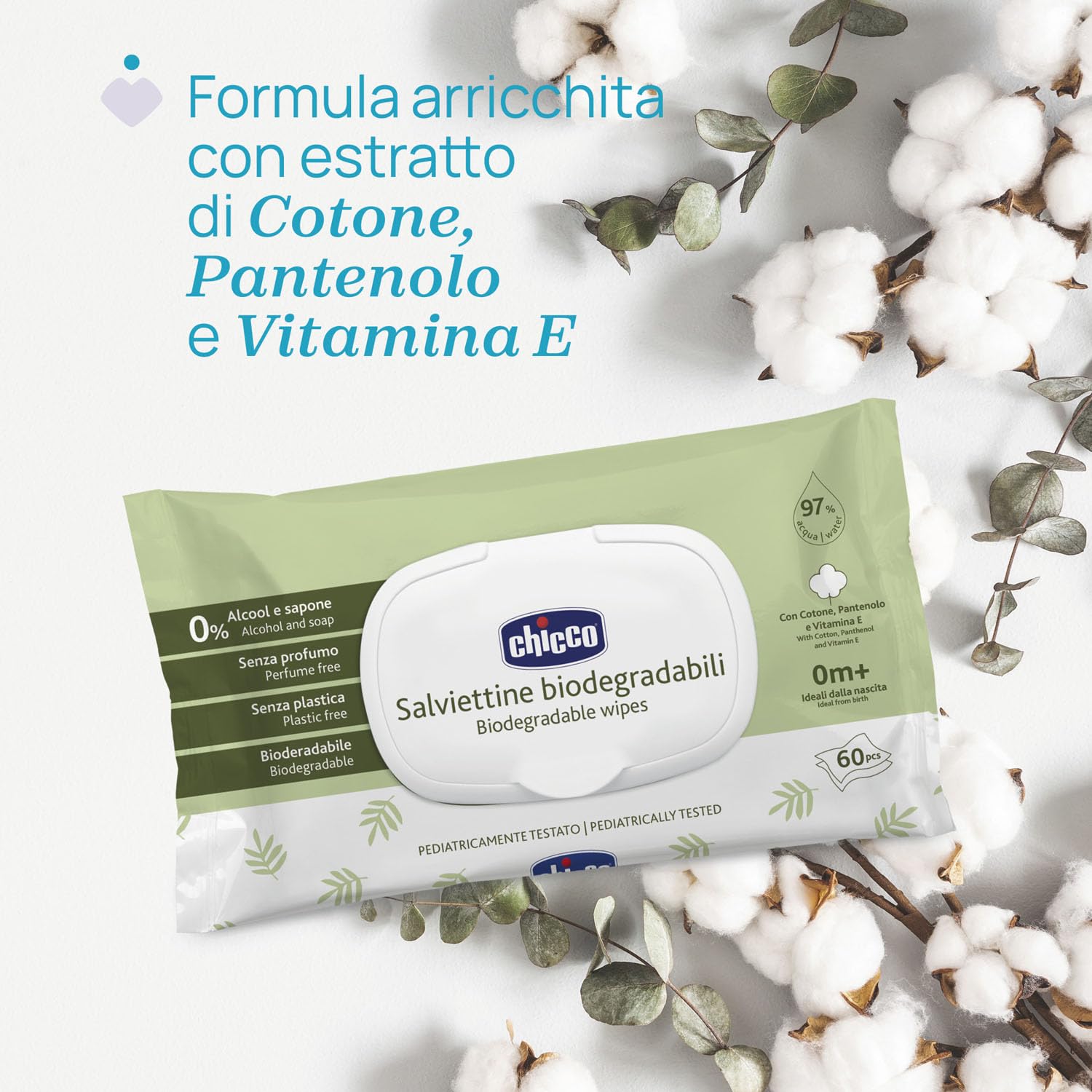 Chicco Salviette Neonato Detergenti Multiuso Biodegradabili, Senza Alcool, Adatte per Pelli Sensibili, con Fibre Naturali, Megapack da 720 Salviette, 12 Confezioni da 60 Salviettine