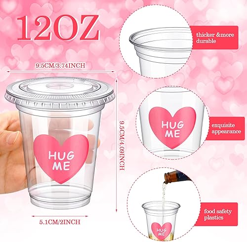 Miniatura 3 de Eaasty Juego de 60 vasos desechables para el día de San Valentín con tapa y popotes, vasos de plástico transparente de 12 onzas con calcomanías en
