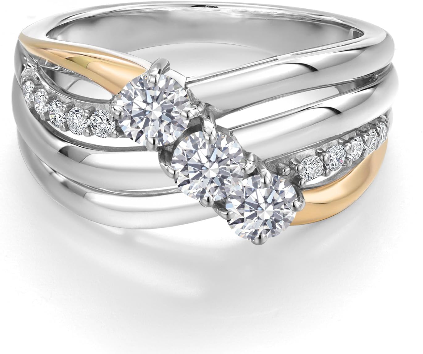 Gem Stone King 1.00 Cttw Lab Grown Diamond 3-Stone Engagement Ring for Women | 925 Silver and 10K Yellow Gold | Round 4MM | E-F Color | VVS-VS Clarity | 3 Stone Wedding Anniversary Ring