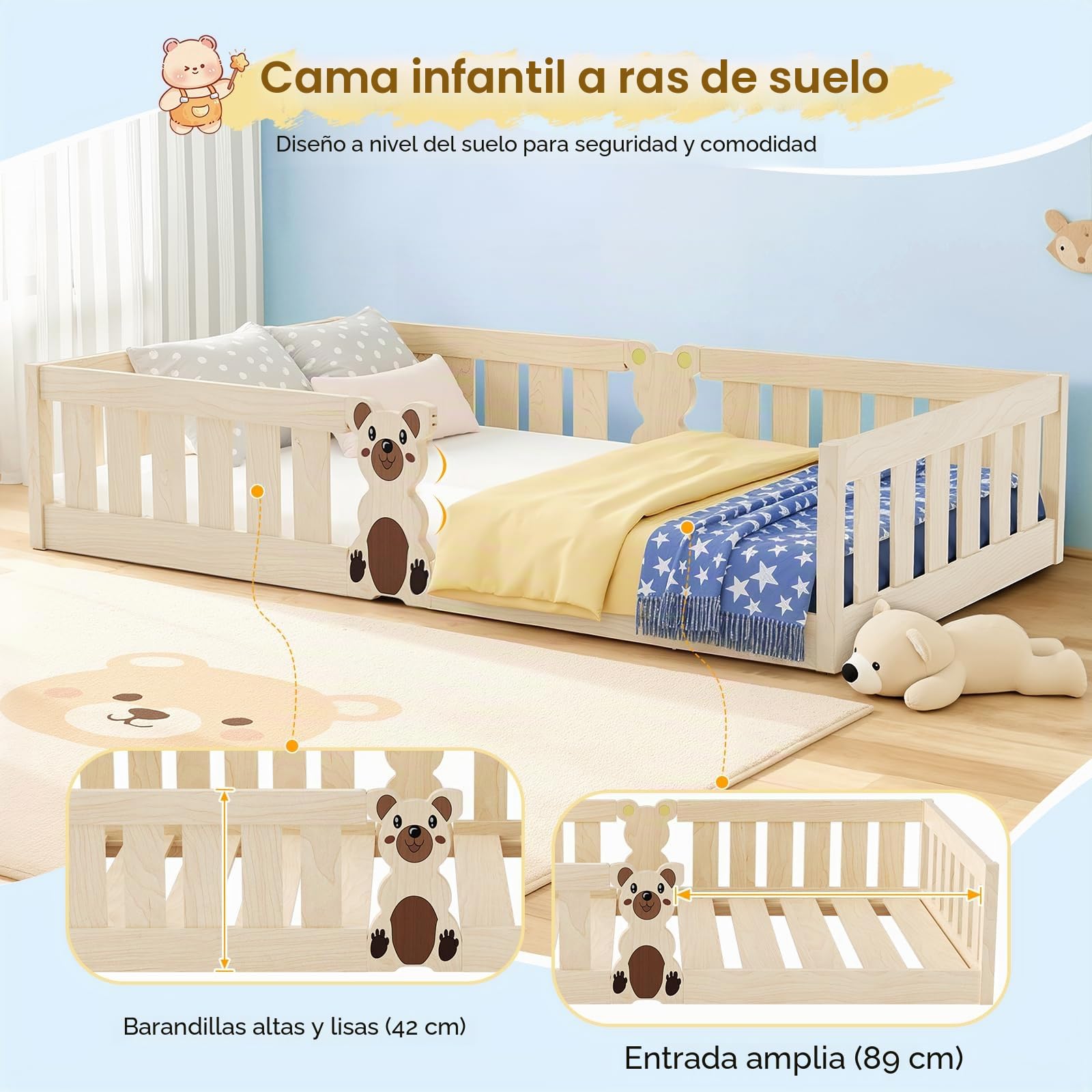 Cama para niños de 205 x 95 cm, madera maciza (pino), moderno marco de cama infantil y juvenil