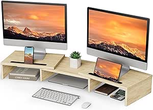 LORYERGO Dual Monitor Stand for 2 monitors, Monitor Stand for Desk, Adjustable Computer Stand w/Slot for Tablet Cellphone, Computer Riser w/Big Storage, Dual Monitor Riser for PC, Laptop, Printer