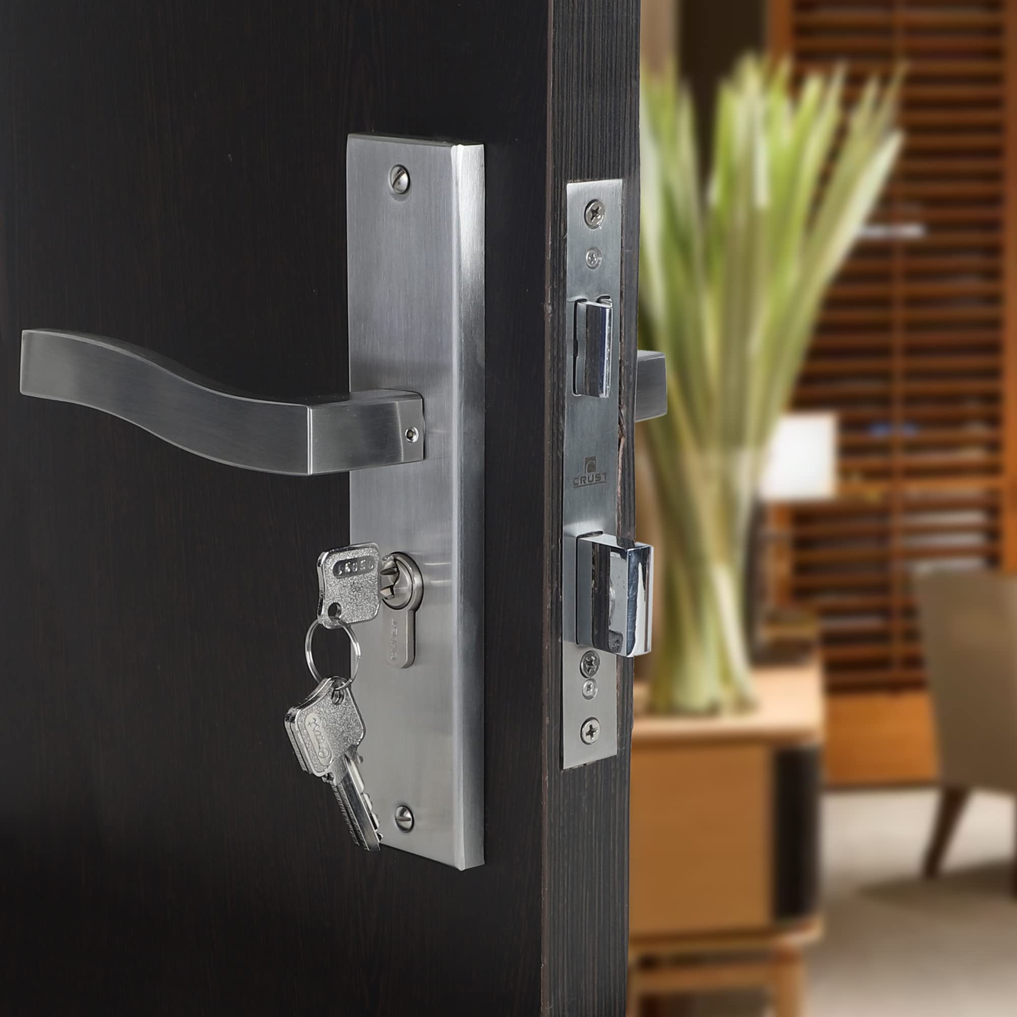 BLUE SPACE Premium 8" Cylindrical Plate Mortise Door Lock Handle Set/ Mortise Lock with Brass Lock Body and One Side Key 60mm Brass Cylinder Set with 3 Brass Computer Keys (Viva-CYS)