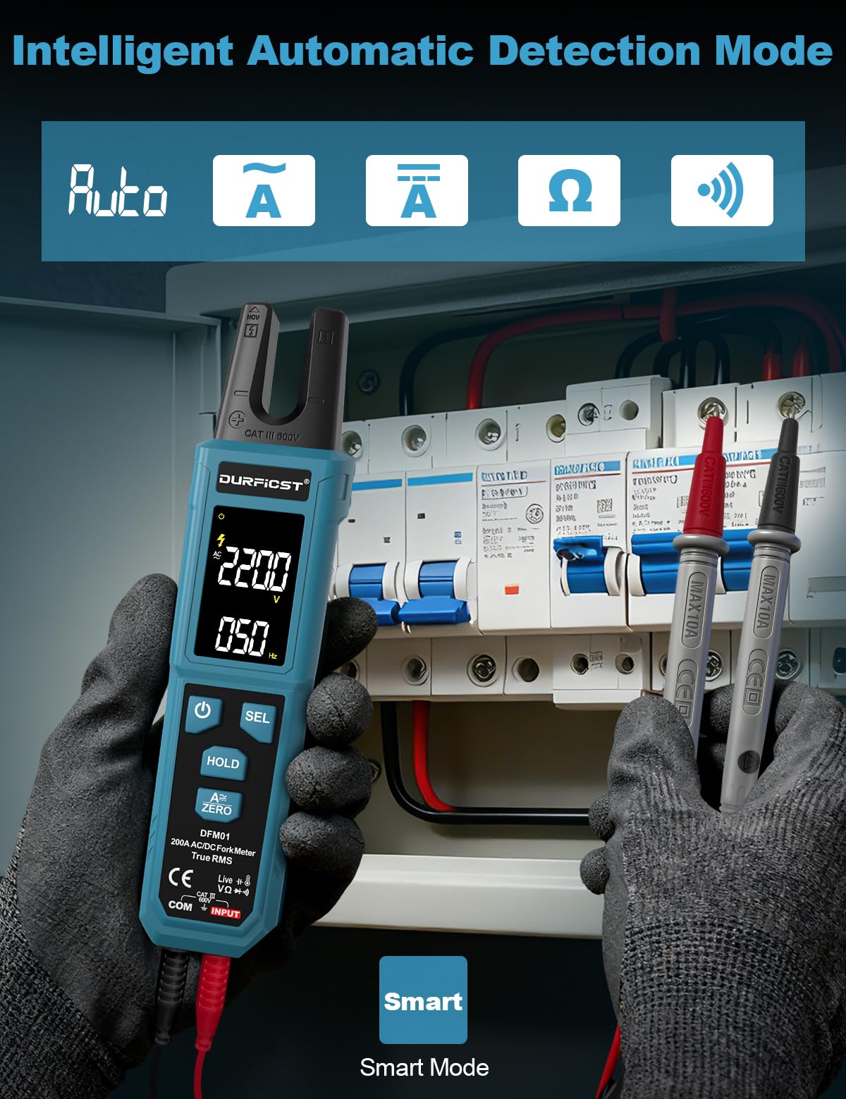 Stromzange, DURFICST Digitale Strommesszange TRMS 4000 Counts, Zangenamperemeter mit 200A AC/DC-Strom- und 600V Spannungsmessung, NCV, Kapazitätsmessung, Durchgangsprüfung, Temperaturmessung