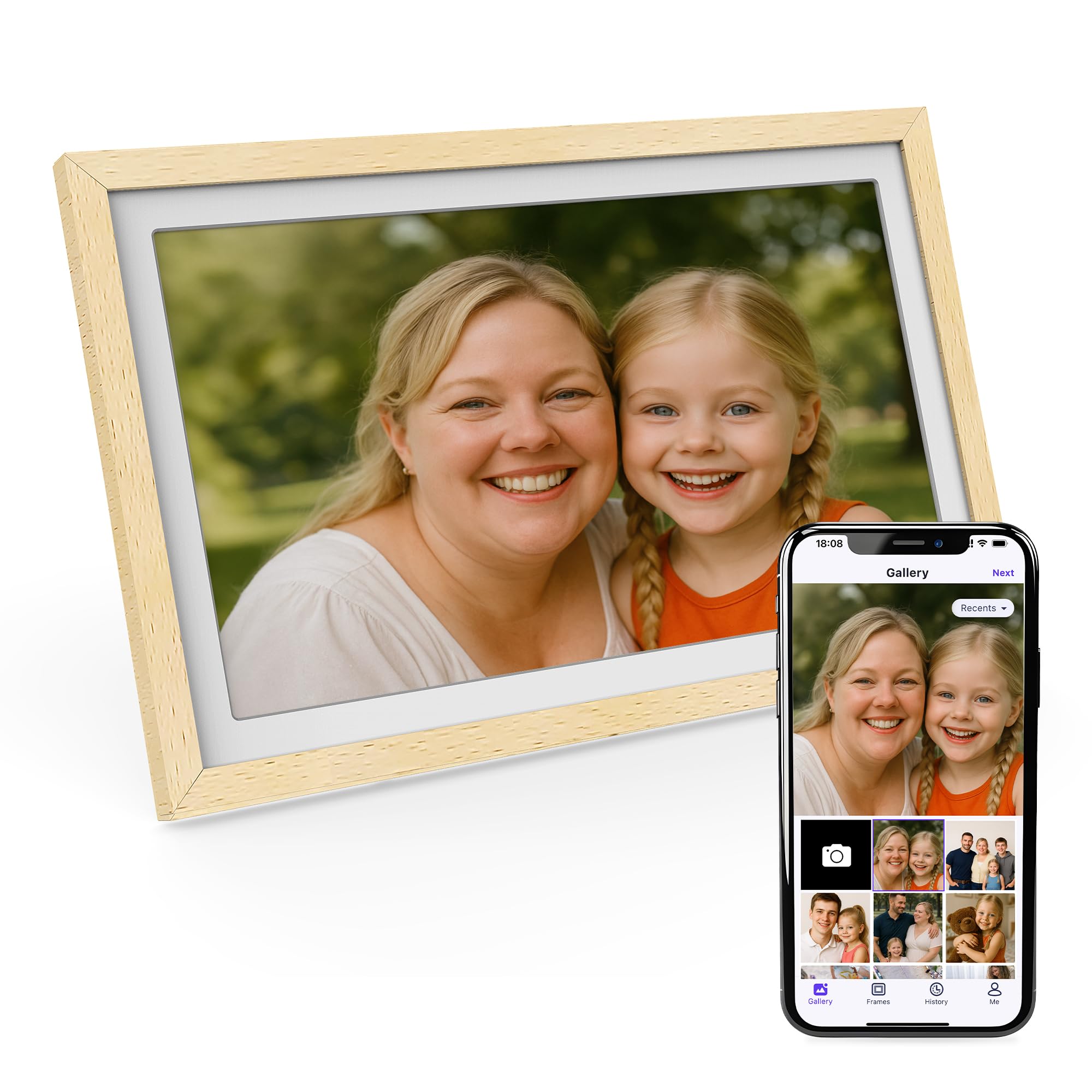 XORO 15 Zoll WiFi Digitale Bilderrahmen, 1920x1080 Full HD 1080P IPS Touch Display, 32GB Speicher, Automatische Rotation, Buchenholz, Teilen Sie Fotos sofort von überall aus