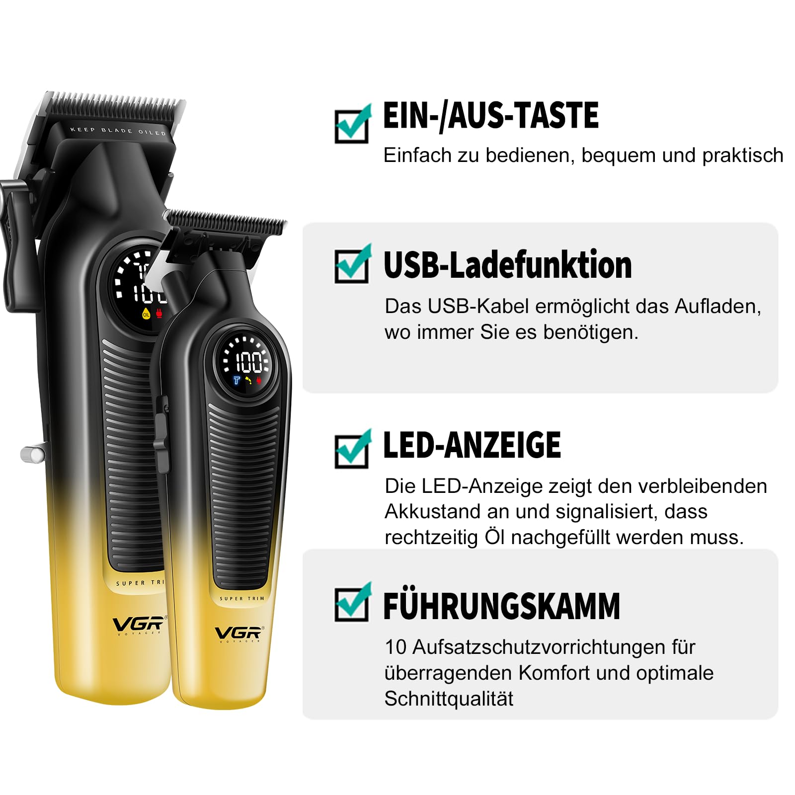 VGR 196 & 996 Haarschneidemaschine Set Profi mit 10 Führungskämme, 1 Kamm | Kabelloses Friseur Set mit Keramisch Titanbeschichteter Klinge, Harrschneidermaschine Herren Profi mit LED Display