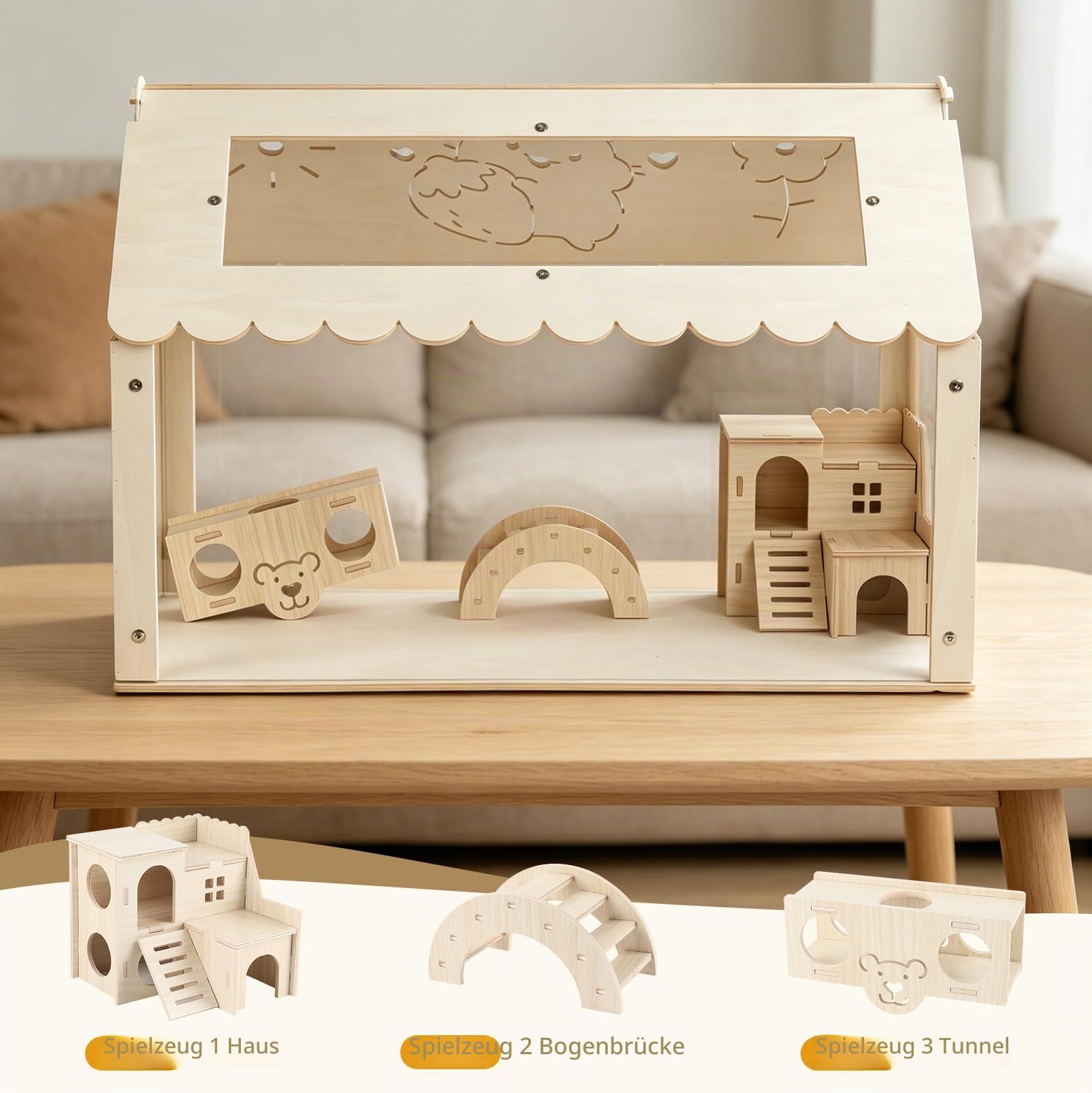 Hamsterkäfig, transparenter Hamsterlebensraum, Kleintierkäfig, 60x40x40cm | Holz Hamsterkäfig mit Versteck im Villenstil, Kleintierlebensräume Groß Stapelbar für syrische Hamster, Nager, Mäuse