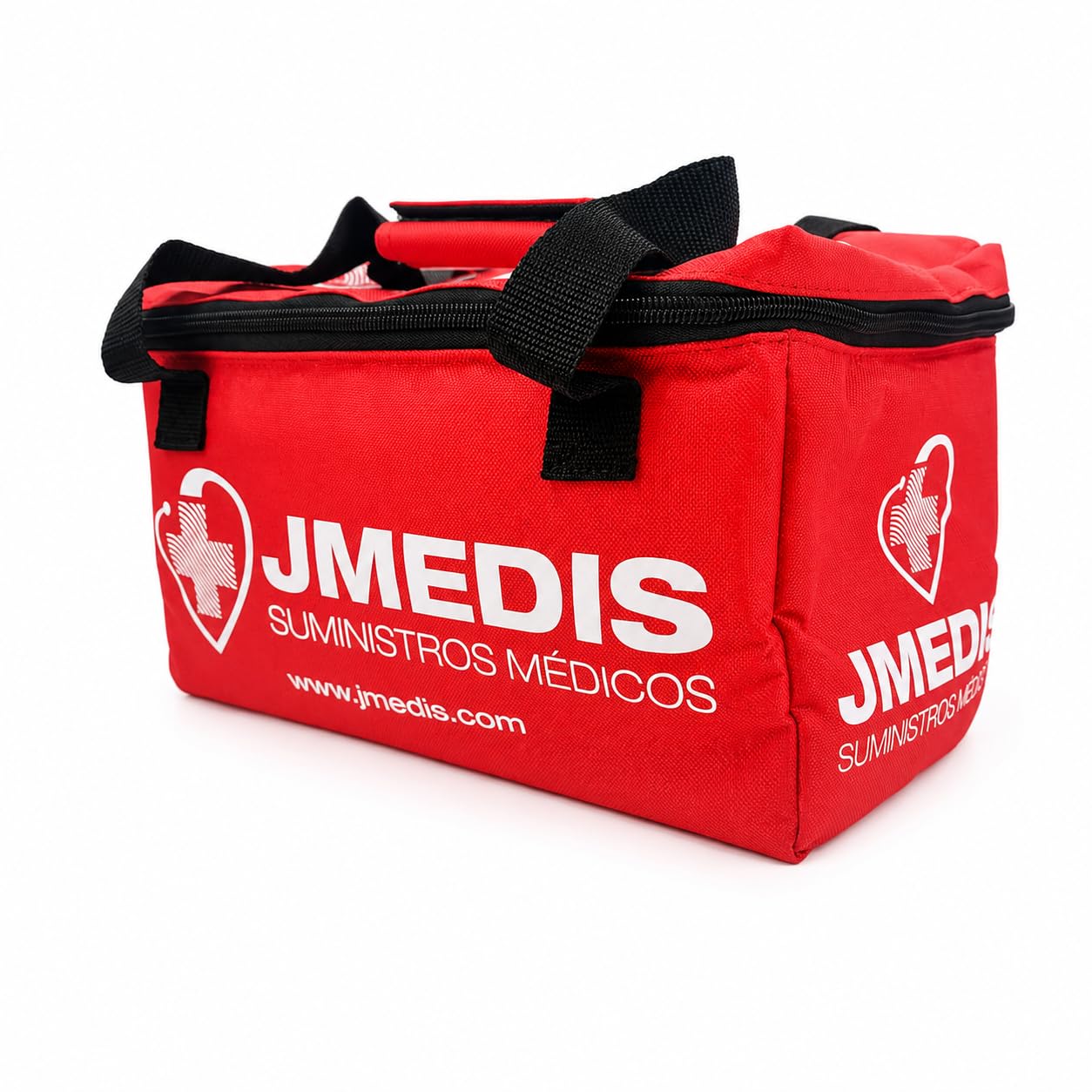 JMEDIS Botiquín Deportivo Básico, 15 Productos Esenciales, Bolsa Térmica Roja con Correa, Kit de Primeros Auxilios