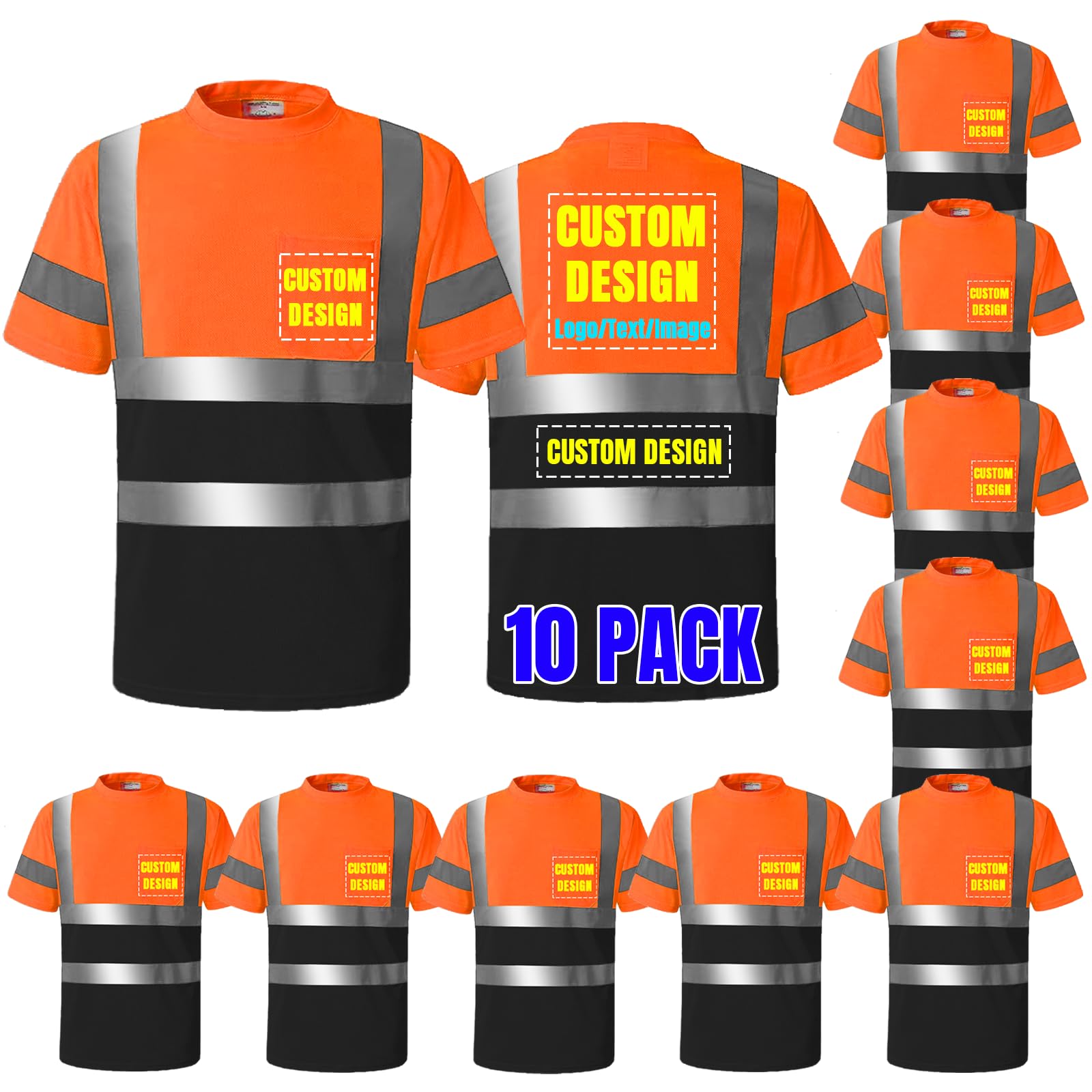 10 Pack Custom Logo High Visibility Safety Shirts ANSI Class 3 Standard Personalized Reflective Work Shirts for Men (Orange/Black-Shortsleeve,XX-Large)