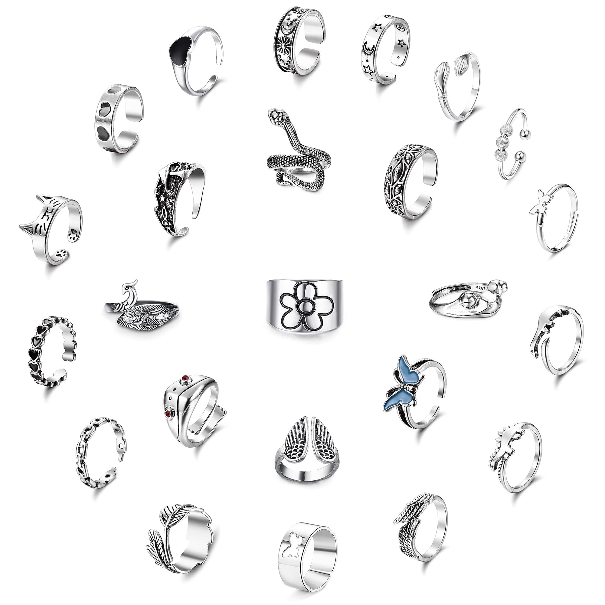 ZZHDCC 12-24Pcs Vintage Cool Gothic Rings Set for Women Men Multi-Style Y2K Alt Rings Adjustable Chunky Rings Stacking Knuckle Black Rings Snake Hug Finger Rings Hippie Punk Open Rings Halloween for Gift