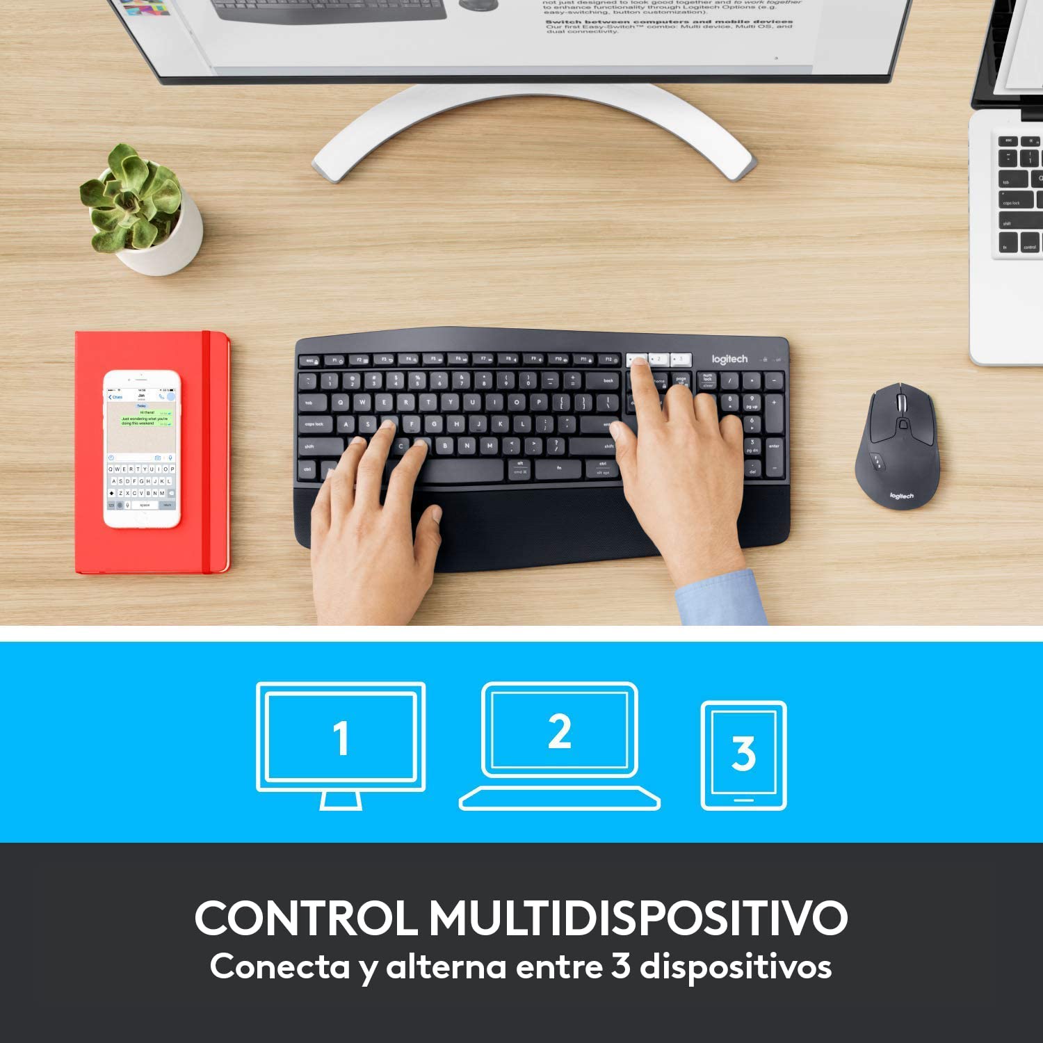 Logitech MK850 Combo Teclado y Ratón Multidispositivo, 2,4 GHz/Bluetooth, Estructura Curvada, Ratón Inalámbrico, 12 Botones Programables, Batería de 3 Años, PC/Mac, Disposición QWERTY Español - Negro