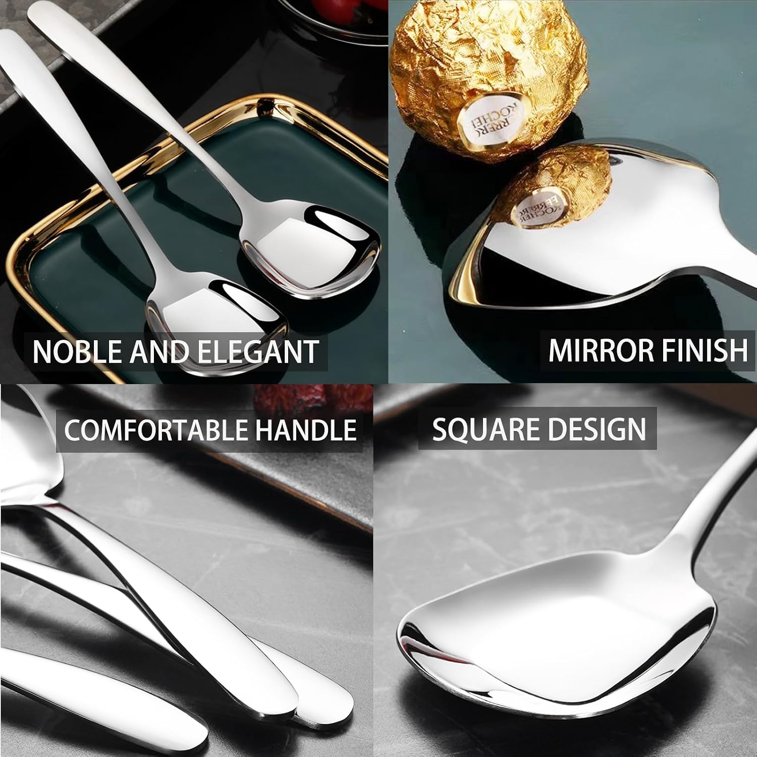 Square Head Soup Spoons, Korean Style Thick Heavy Square Dessert Spoon,Long Handled Stainless Steel Soup Spoons Table Spoons Flat Spoon,Set of 8,7 Inches.