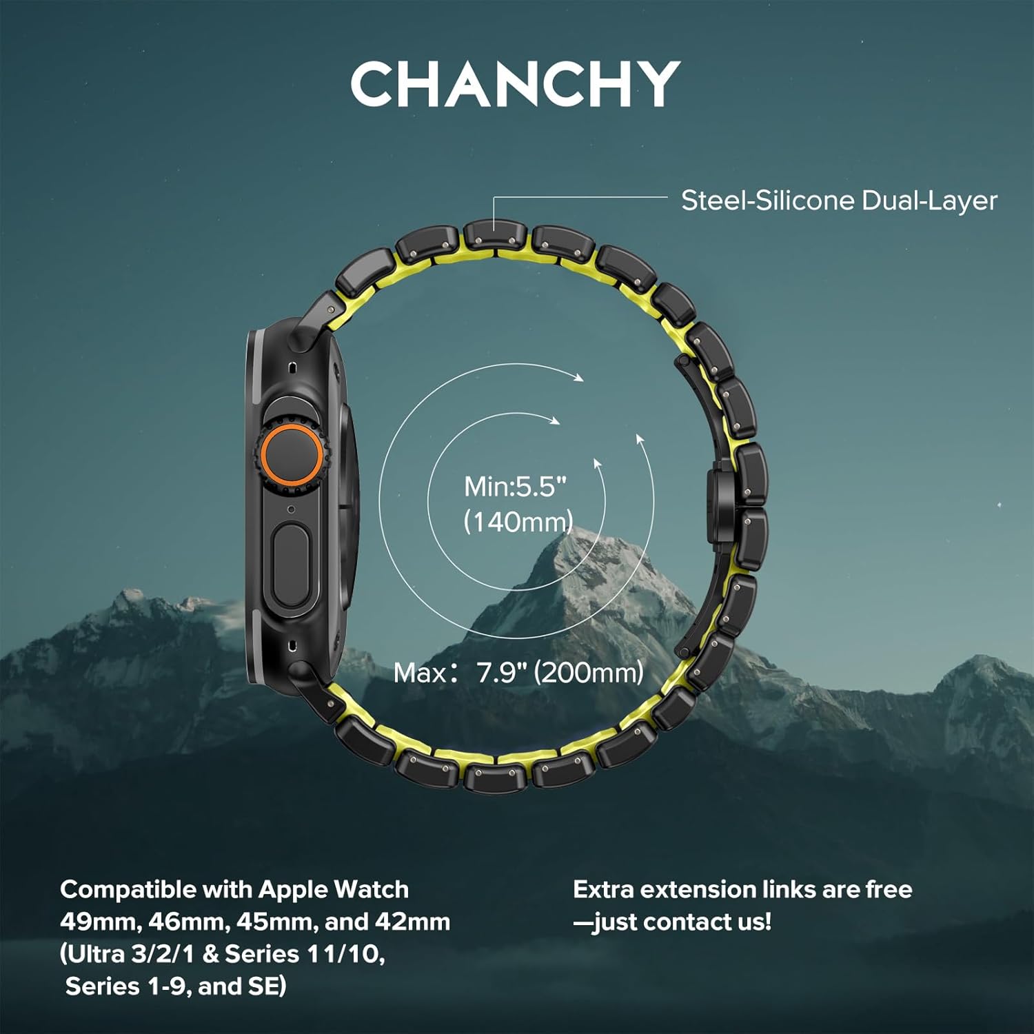 CHANCHY Titanium Band Compatible with Apple Watch Ultra 3/2/1 Band 49mm 46mm 45mm 44mm 42mm, Luxury Band Titanium Silicone Dual-Layer Link for Men iWatch Series 11 10 9 8 7 6 5 4 SE