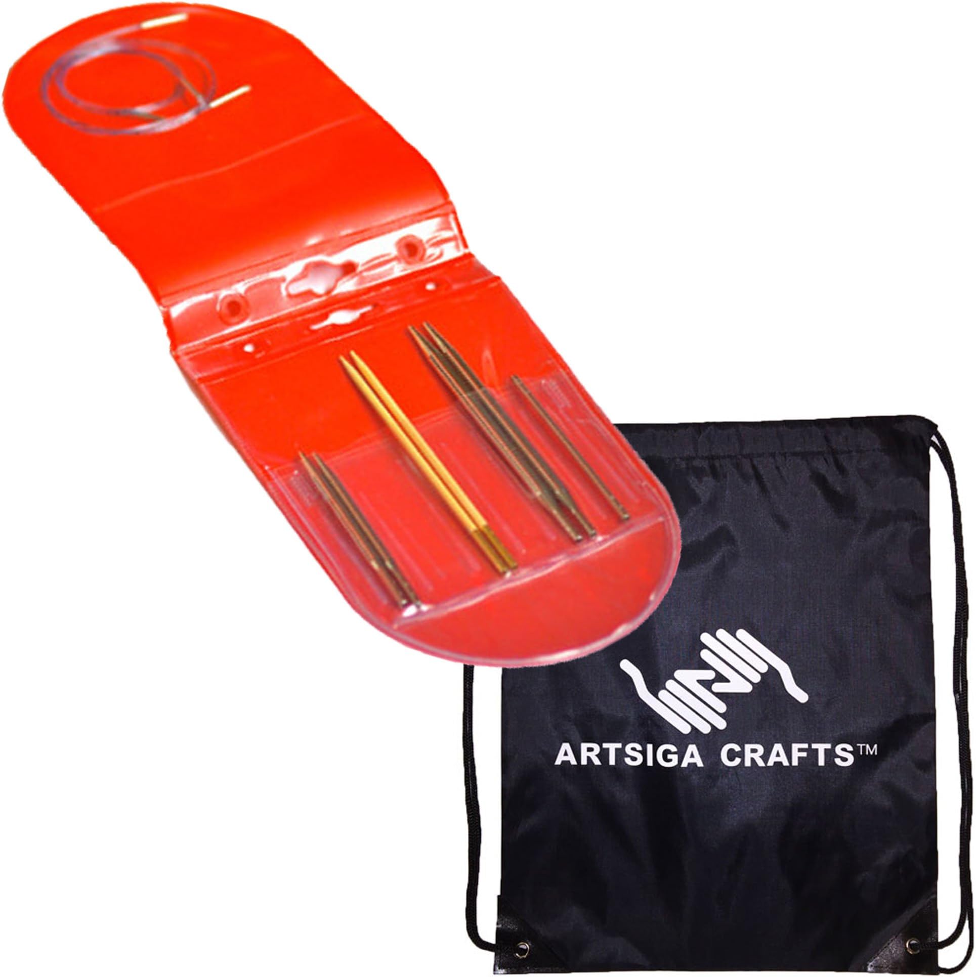 addi Click Starter Interchangeable Circular Knitting Needle Set Sizes Turbo US 8, Rocket Lace US 7 and Bamboo US 9 with 2 Blue Cords and Red Plastic Case Bundle with 1 Artsiga Crafts Project Bag