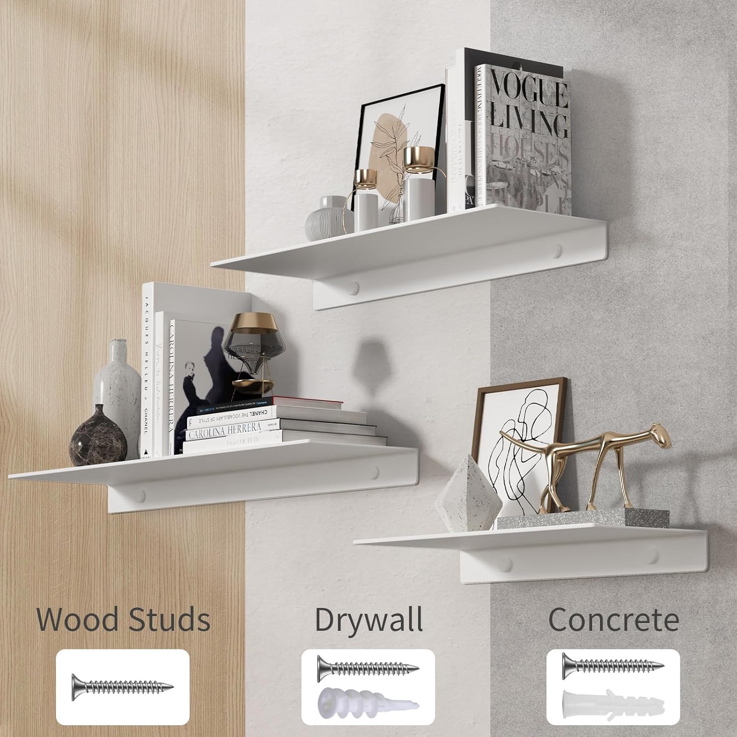 Danpoo White Floating Shelves for Wall Storage, Metal Wall Shelves for Living Room, Bathroom, Kitchen, 16” Long Display Shelves for Collectibles(2 PCS)