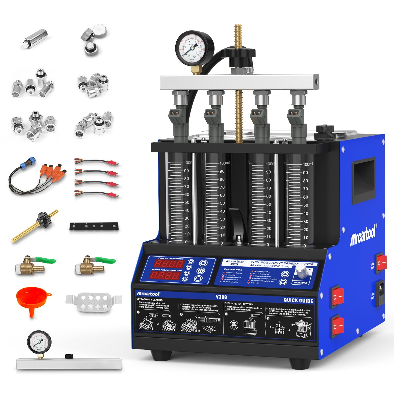 MR CARTOOL V308 - Limpiador de inyectores de 4 cilindros, 220 V, sistema de combustible ultrasónico, limpiador para vehículos diésel y gasolina y motocicletas