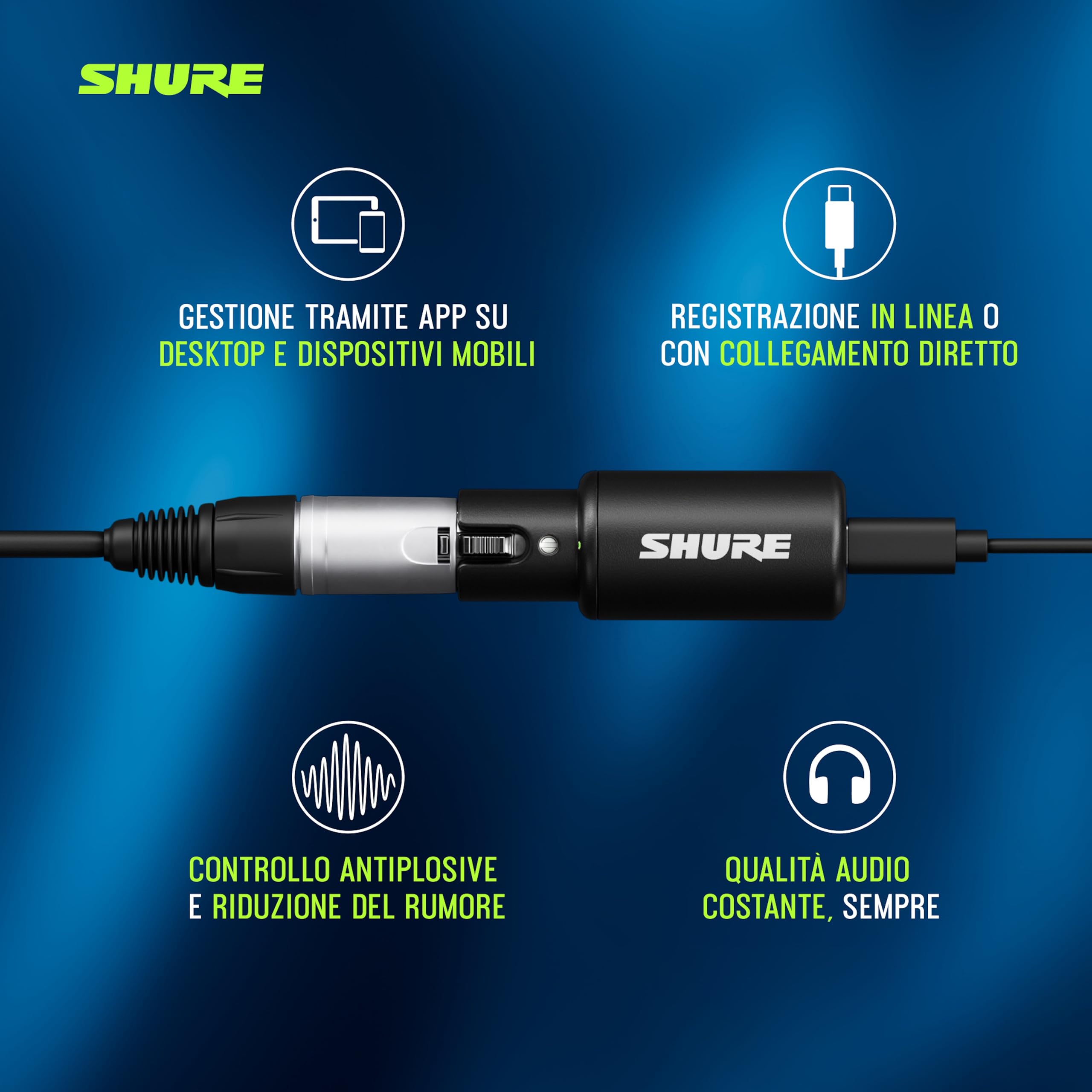 Interfaccia audio digitale Shure MVX2U Gen 2, adattatore da XLR a USB per microfoni, per la registrazione di contenuti, elaborazione digitale, compatibile con Mac e Windows, dispositivi iOS e Android