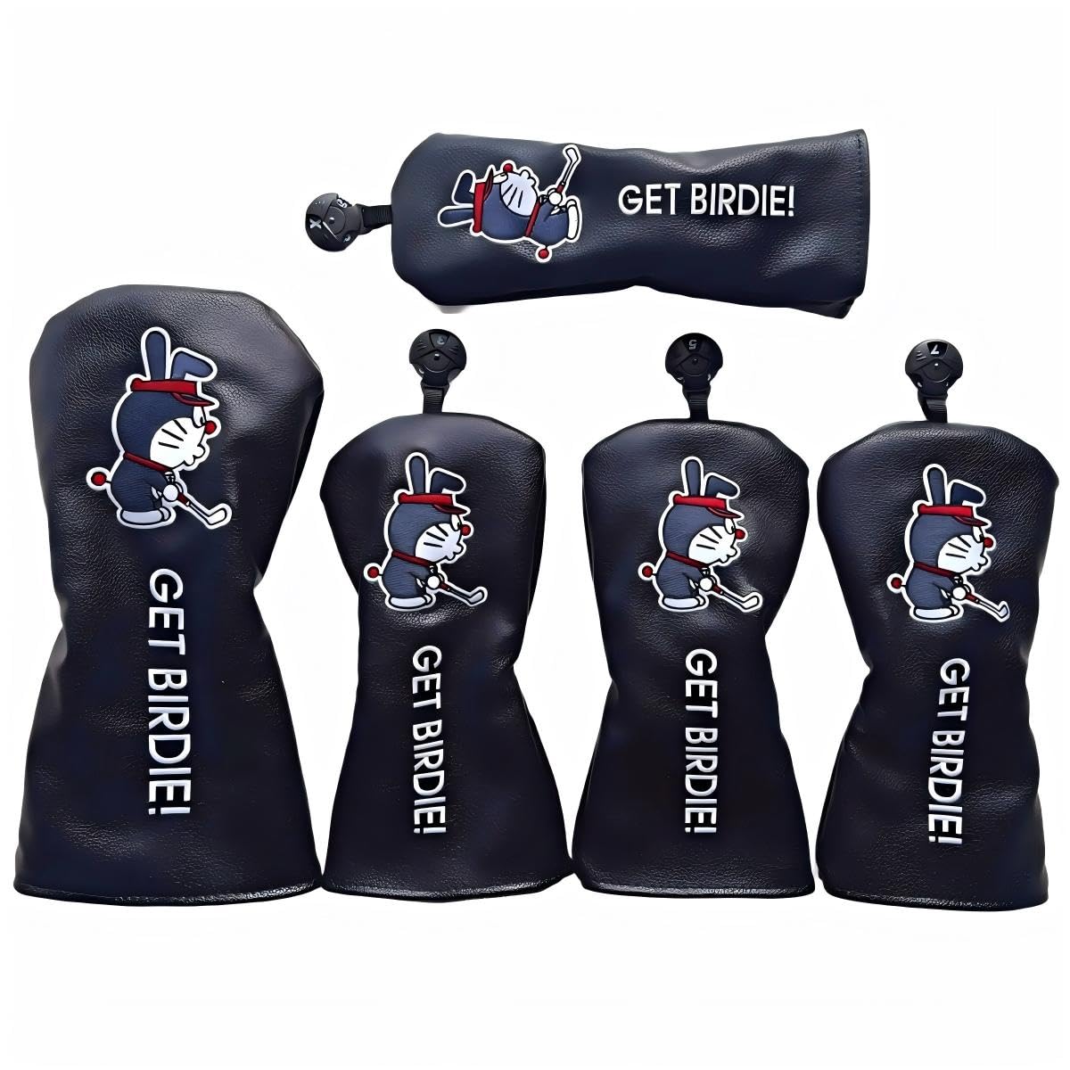 BADGEWOO GET BIRDIE! Set of 5, Golf Head Covers, Embroidered Design, PU Leather, Driver/Fairway Wood/Utility Compatible, U2-U6 Compatible, Conversion Dag Included (Black 1.3.5.7.UT 5 Pcs) : Sports & O