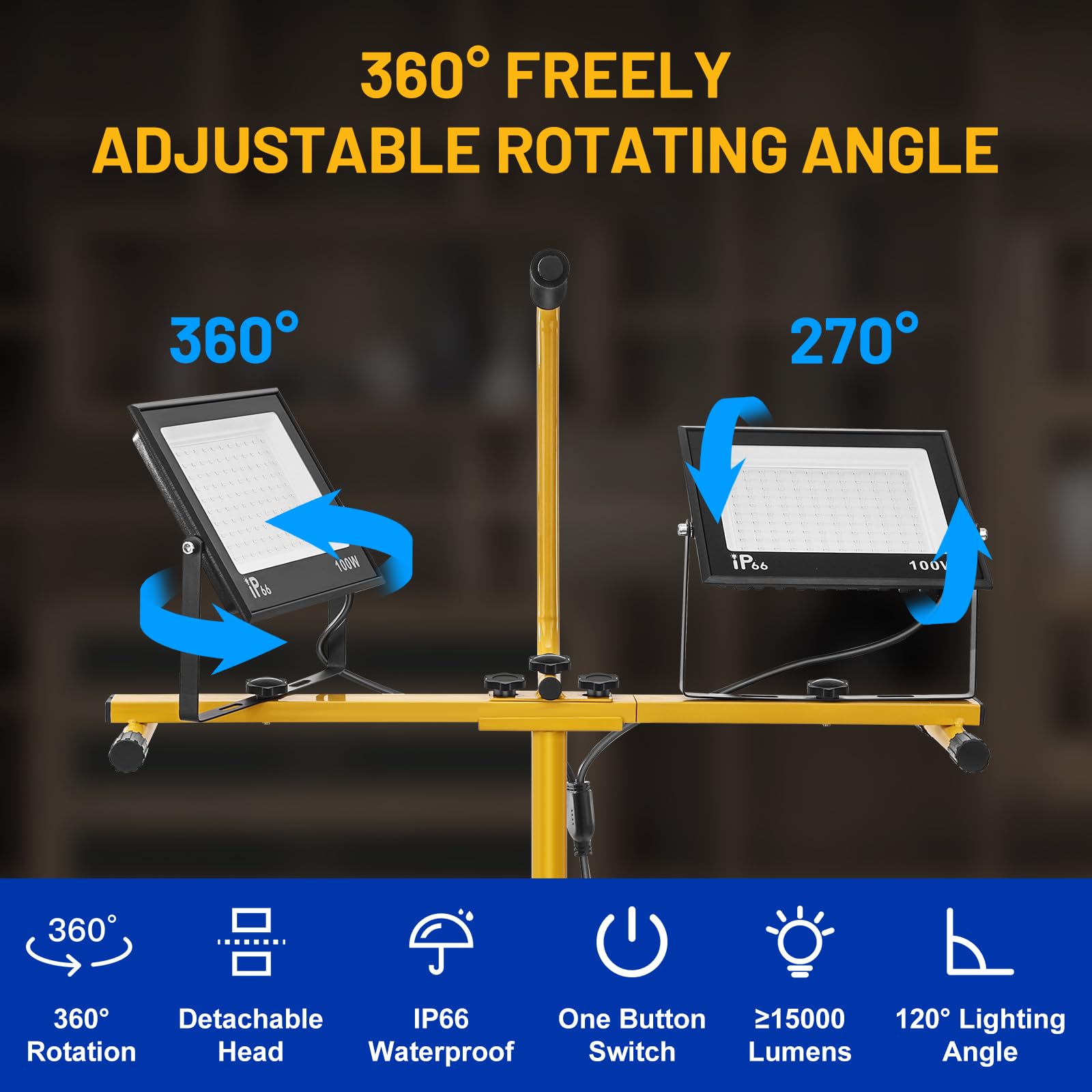 Yofuly 2×100W Projecteur LED sur Trépieds 15,000LM, Lampe de Chantier Travail avec Support Réglable Hauteur 160cm, Lumière de Chantier Étanche IP66, avec Câble 3M, pour Garage, Atelier, Camping