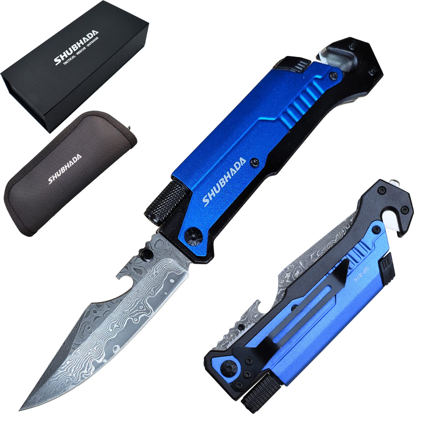 Damascus Steel Folding Pocket Knives Multi Function Emergency Tool Knives Led Light Magnesium fire starter Seatbelt cutter Glass breaker Bottle opener (Blue)