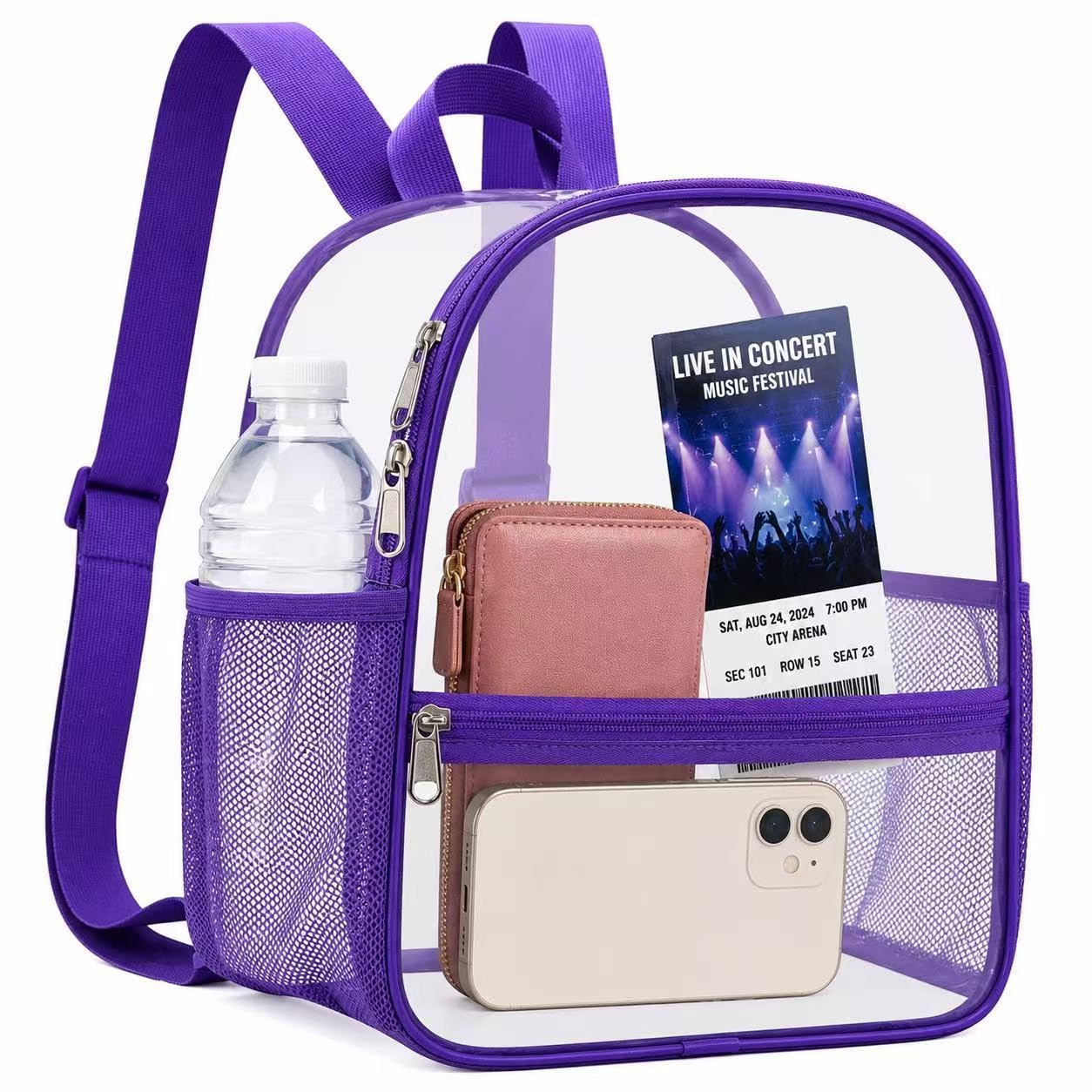 Oraben Clear Backpack for Stadium Events Sports Fan Backpack Stadium Bag | 12x6x11 in,Heavy Duty PVC Mini Small Clear Bag for Concerts, Sports,Work,Side Water Bottle Pocket