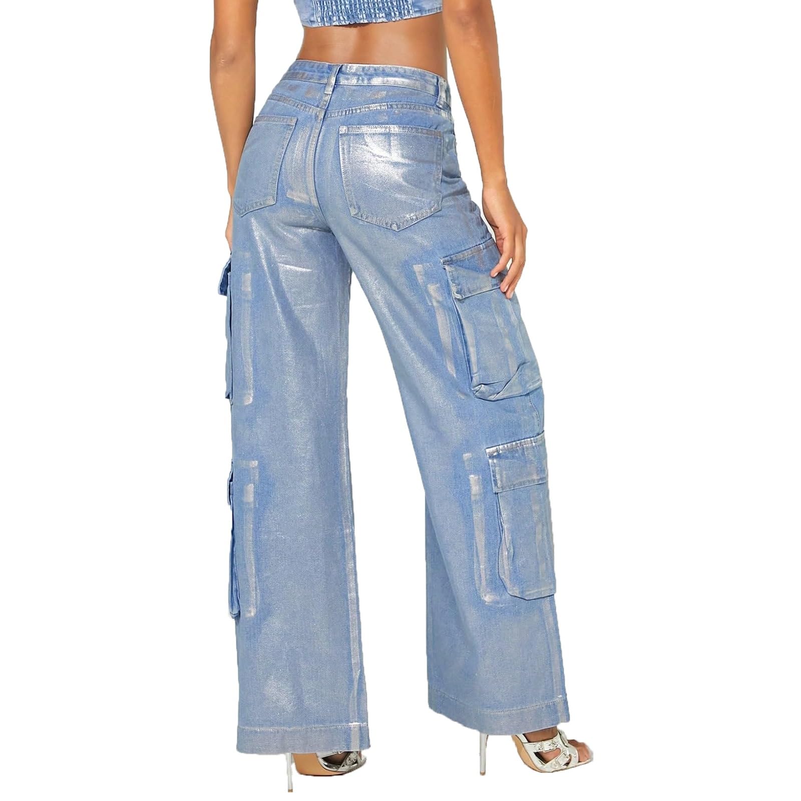 Damen Cargo Metallic-Jeans High Waist Cargohose Straight Leg Hose Weites Bein Blau Cargohose für Damen Lose Hose Mehrere Taschen Reißverschluss Punk-Gothic-Hose Loose Fit
