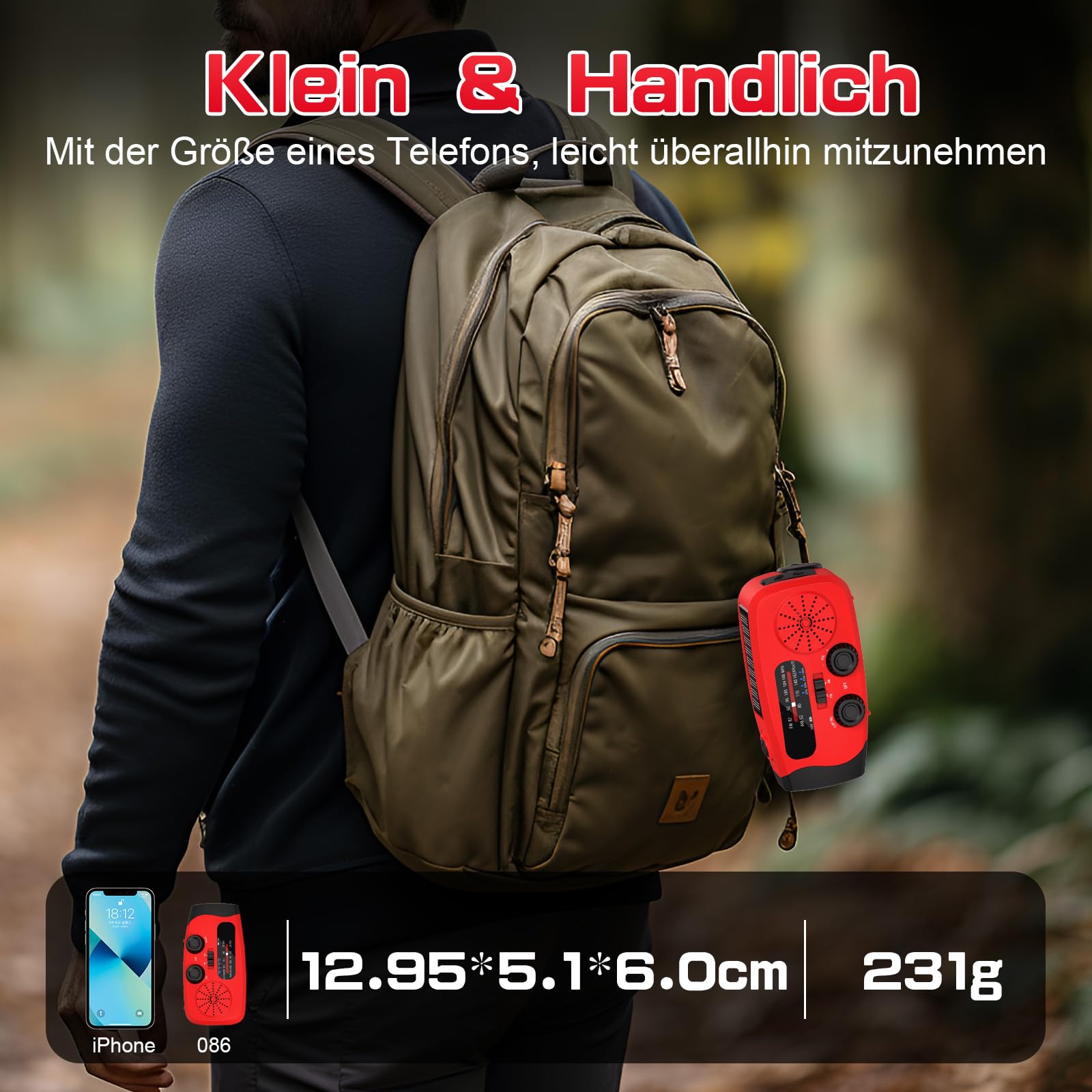 Kurbelradio mit Solar, Notfallradio, Tragbares Radio mit Handkurbel, AM/FM Radio mit LED-Taschenlampe, 2000mAh Powerbank, SOS-Alarm, USB-Handy-Ladegerät, Für Notfälle, Camping & Wanderungen (Rot)