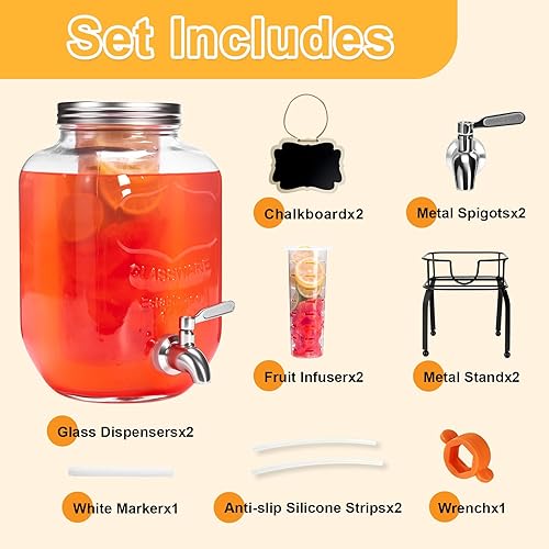 Miniatura 3 de Paquete de 2 dispensadores de bebidas de vidrio de 1 galón para fiestas, dispensador de bebidas con soporte, espita de acero inoxidable 188 a prueba