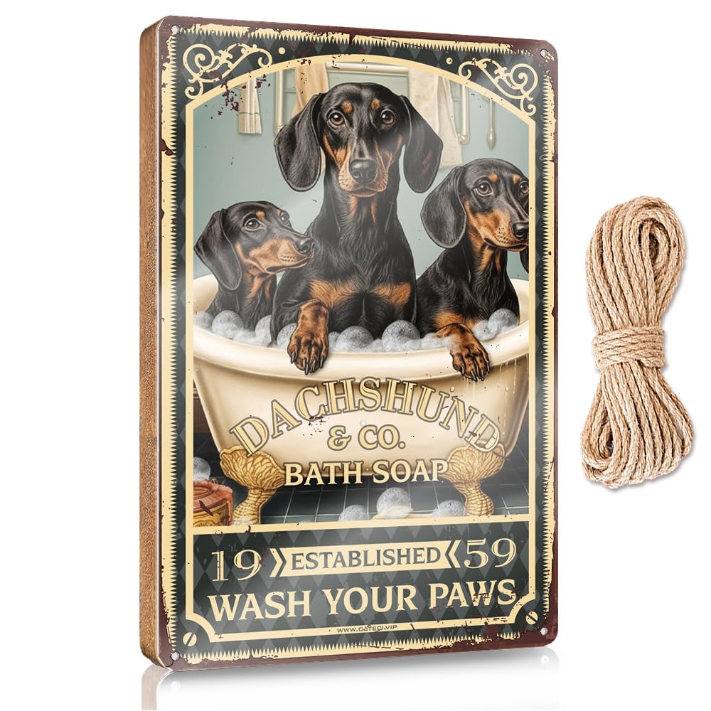 MAHQPZXSF Fall Signs For Front Porch Dachshund Bath Soap Wash Your Paws Wooden Sign Vintage Room Decor Door Sign For Home(15X28CM)