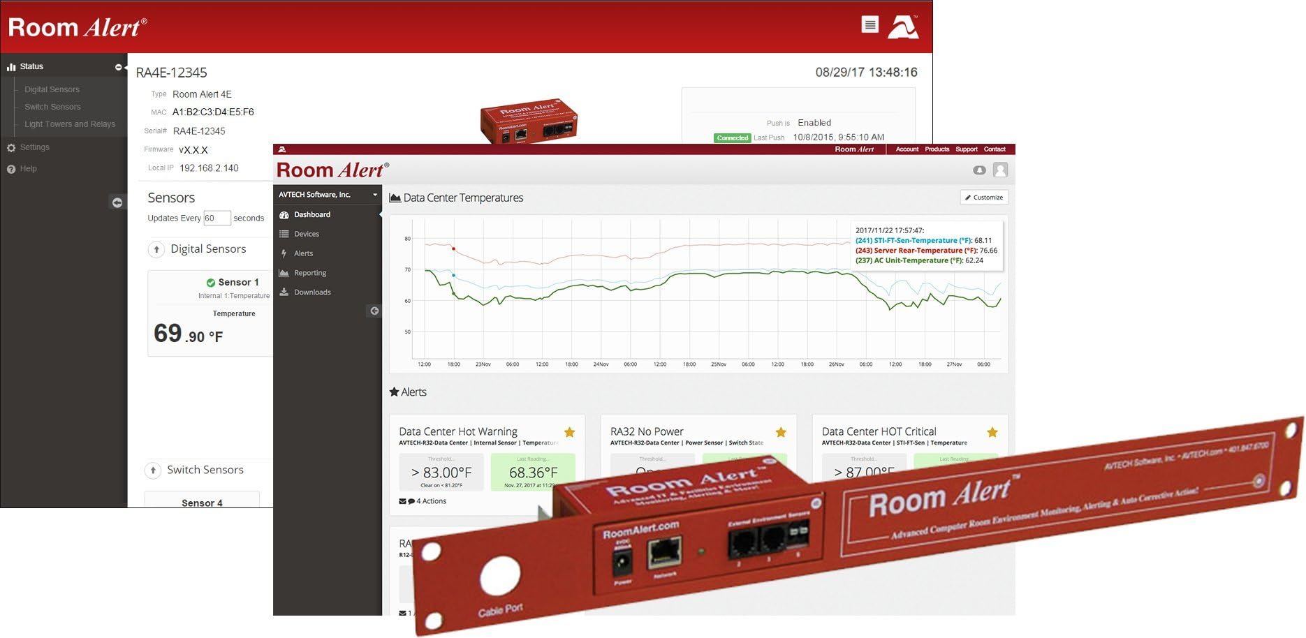 Room Alert 4ER Rack Mountable Temperature & Environment Monitor – Supports 4 external sensors, 24/7 online & software alerting and reporting, Made in the USA