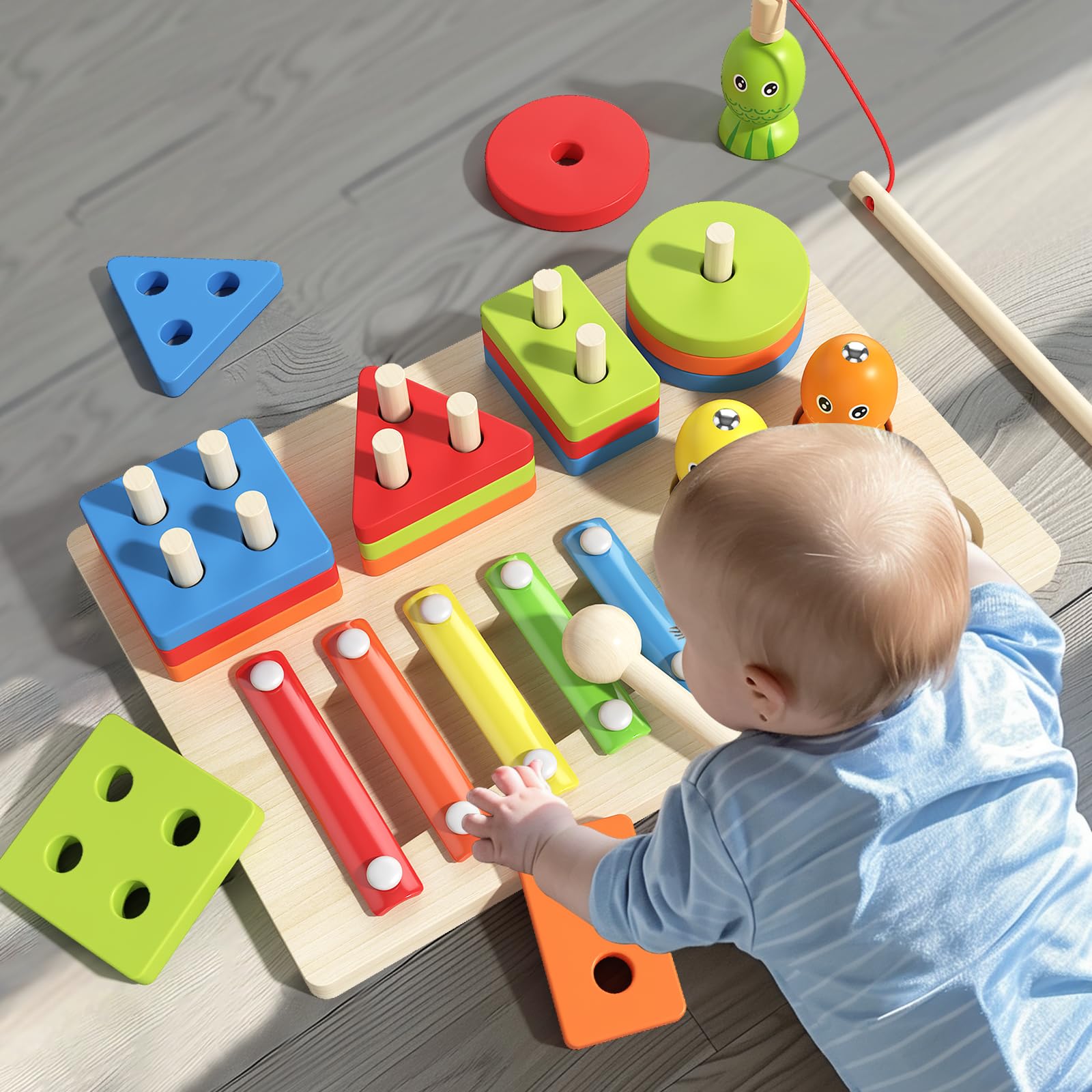 Montessori Zabawka, 3 W 1 Drewniane Kolor Kształtów Sortowanie Układanie Zabawek Magnetyczna Gra Wędkarska Ksylofon Zabawka Muzyczna Z Młotem, Edukacyjna Zabawka Zestaw Dla Dzieci Od 2 3 4 5 Lat
