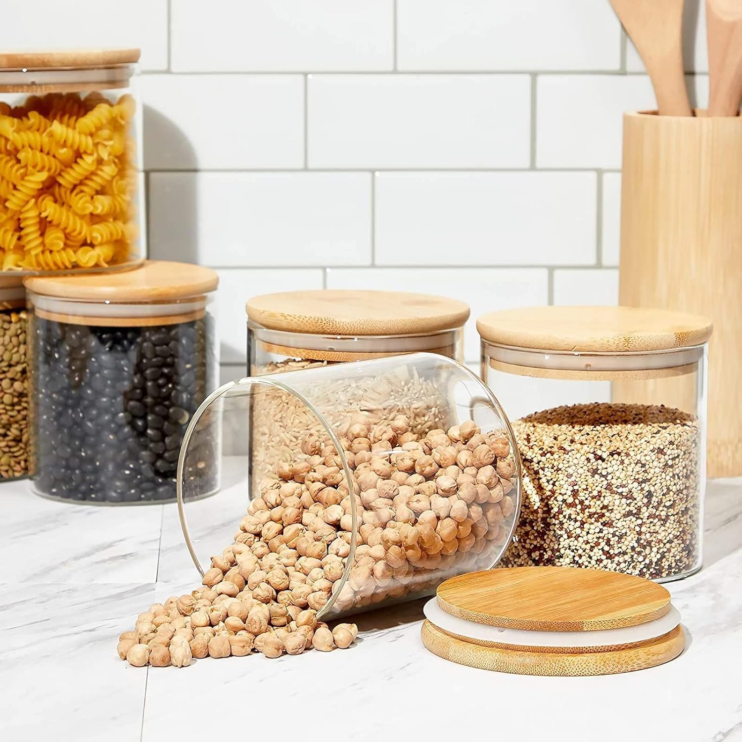 Clear Glass Canisters with Airtight Bamboo Lids, 5 Pack