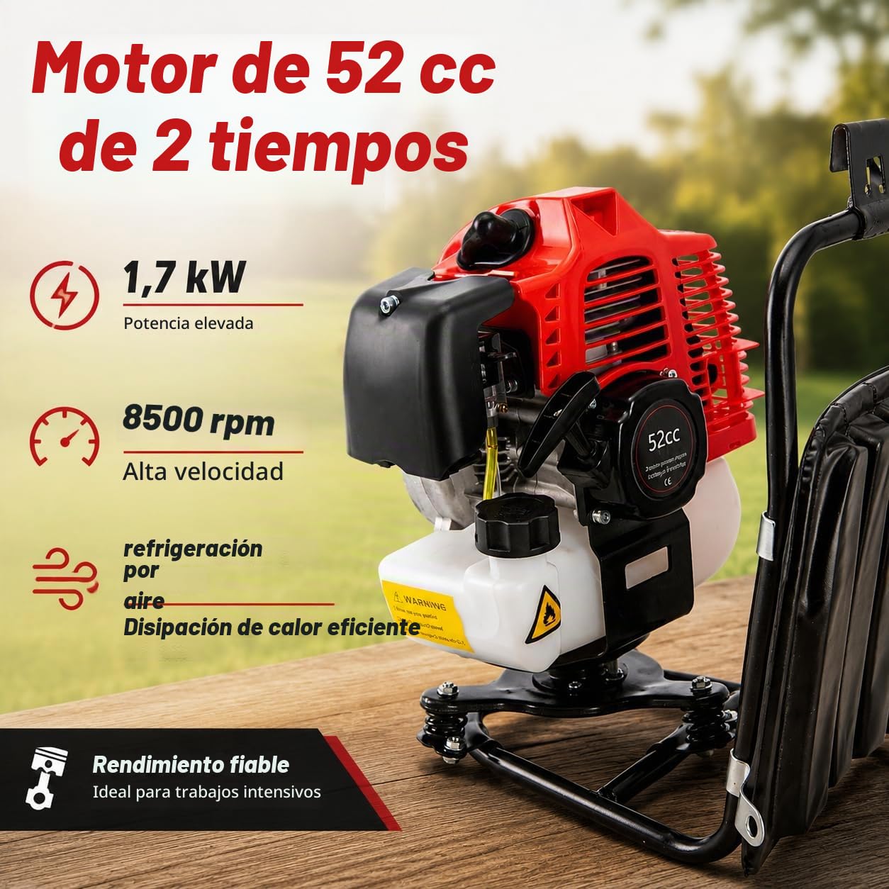 Desbrozadora Gasolina 4 en 1, 52cc Cortasetos Gasolina, 1 Cilindro, 2 Tiempos, refrigerada por Aire, Desbrozadora Multifuncion, Cortasetos Telescopico Gasolina