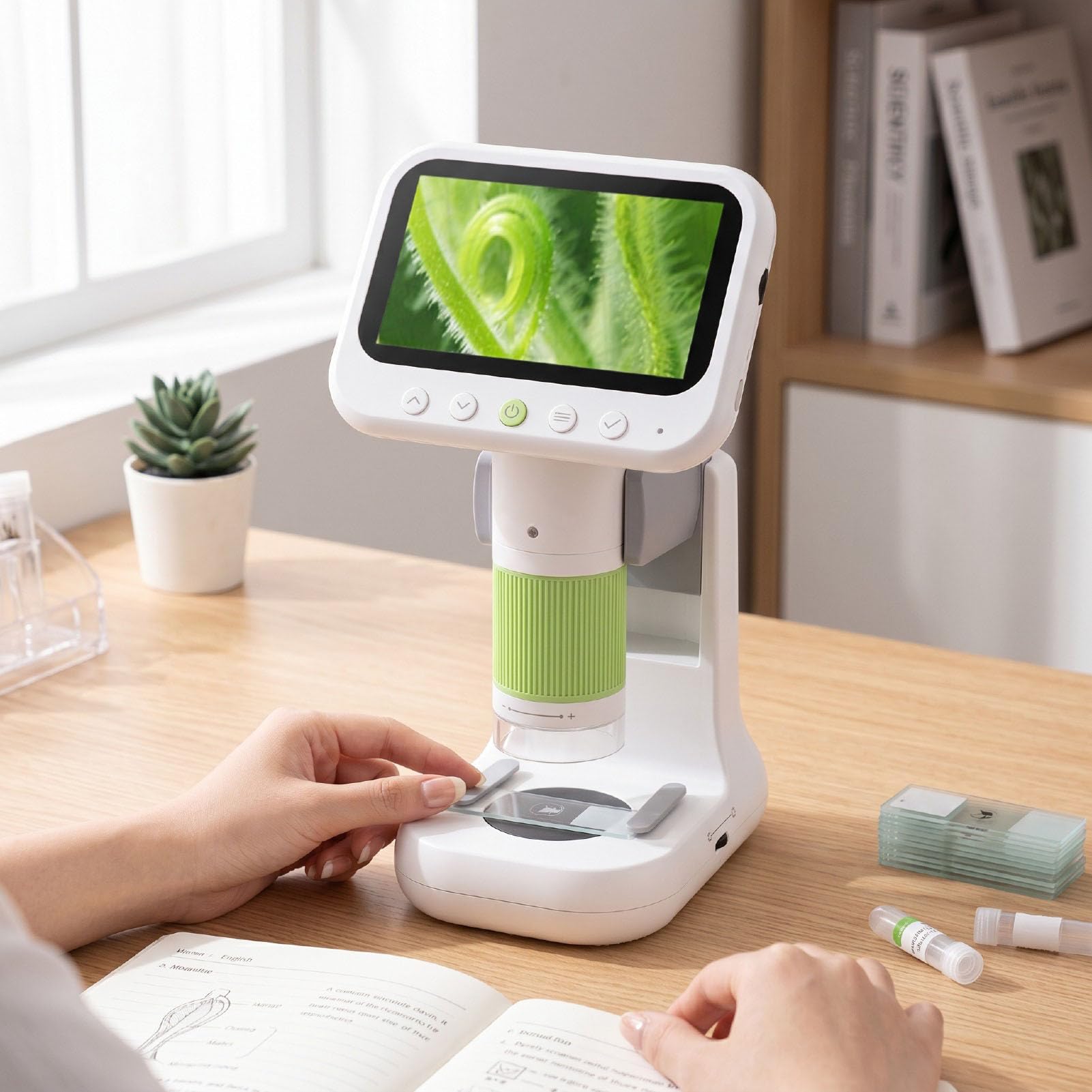 Jectse Digitales Mikroskop, Hand-USB-Mikroskop, 2-in-1-, 50- Bis 500-fache Vergrößerung, 4,3-Zoll-1080P-LCD-Dual-LED-Licht mit 5 Objektträgern, 8-GB-Karte für Studenten und