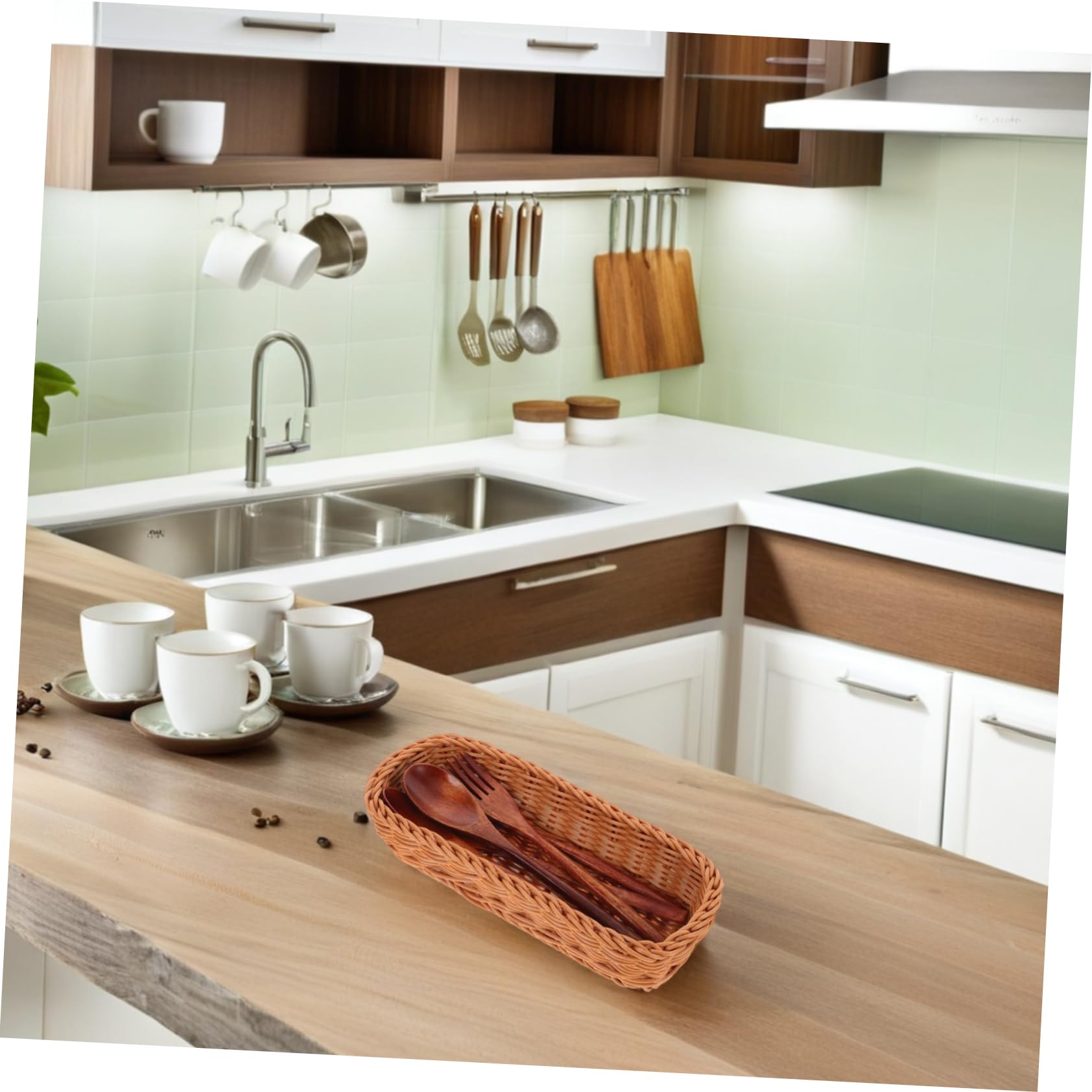YARNOW Porta Utensilios de Ratán Cesta para Cubiertos Organizador de Utensilios Tejido de Plástico para Encimera de Cocina 28X11x6cm