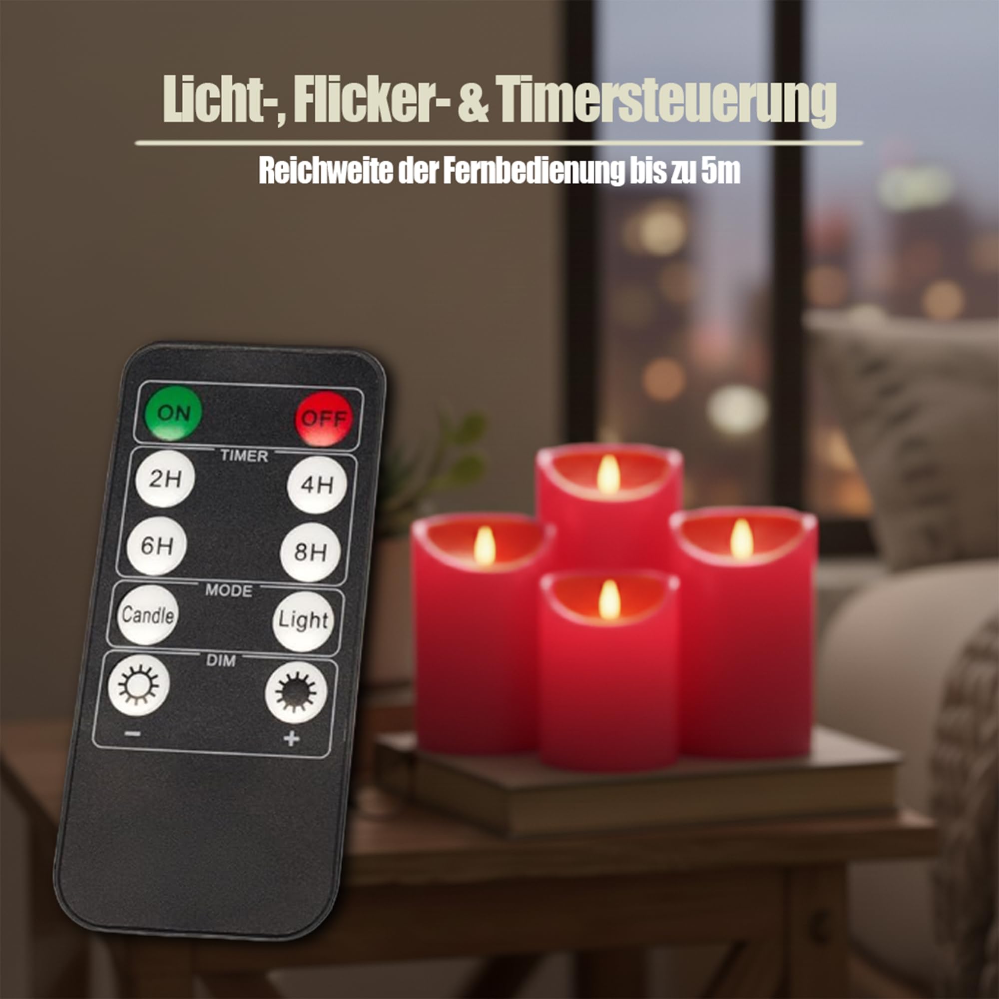 Zestaw 4 świec LED z prawdziwego wosku, migoczący płomień czerwony ø 7,5 cm (10 cm, 12,5 cm, 15 cm, 17,5 cm wysokość) świece LED z pilotem zdalnego sterowania, każda świeca wymaga 3 baterii AAA