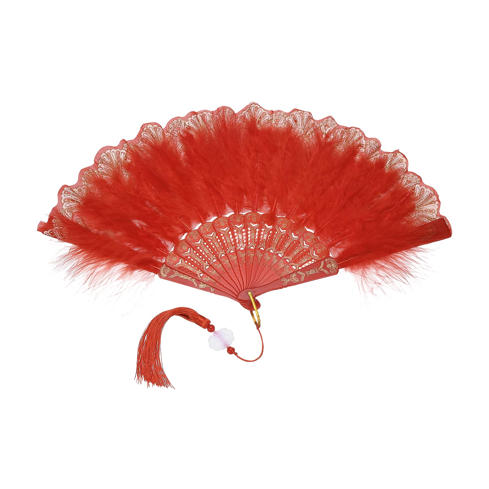 sourcing map 1 Pcs Vintage Folding Fan, Embroidered Flower Marabou Feather Fans 20s Vintage Style Handheld Folding Fan for Dancing Wedding Show Party Tea Party Occasions, Red(Polyester)