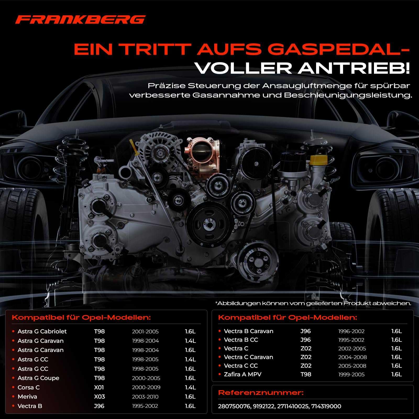 Frankberg Drosselklappe Kompatibel mit Astra G Cabriolet F67 1.6L 2001-2005 Corsa C X01 1.4L 2000-2009 Meriva 1.6L 2003-2010 Vectra C CC 1.6L 2005-2008 Replace# 9192122
