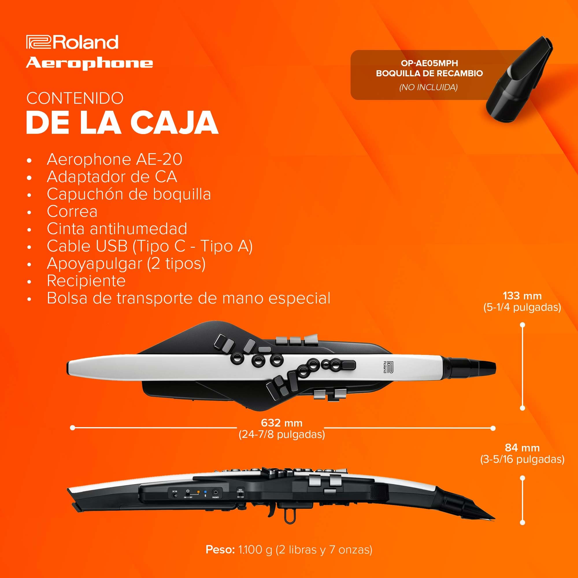 Roland AE-20 Aerophone | Instrumento de viento digital prémium | Sonidos SuperNATURAL Acoustic y avanzada tecnología ZEN-Core | Ejecución ultrasensible | Más de 250 sonidos | Conectividad Bluetooth