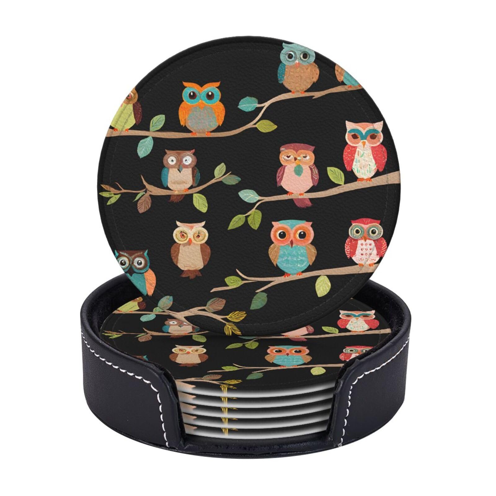 Coasters Set of 6 Microfiber PU leather Coasters with Holders for Drinks Coffee Bar Accessories, House Apartment Coffee Table Decor, Housewarming Gifts - Cute Brown Cartoon Owls