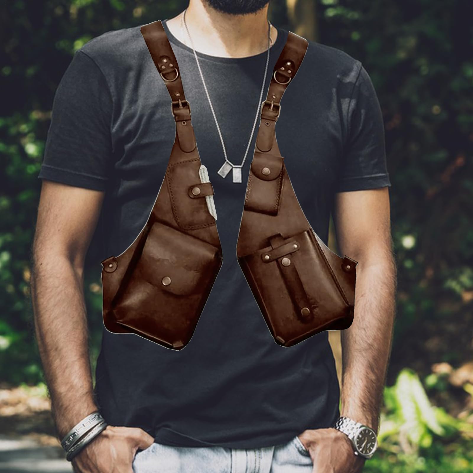 Arnés antirrobo, arnés antirrobo para hombres | Doble bolso de hombro medieval cosplay para hombres y mujeres, cartera ajustable de piel sintética, funda para teléfono móvil al aire libre