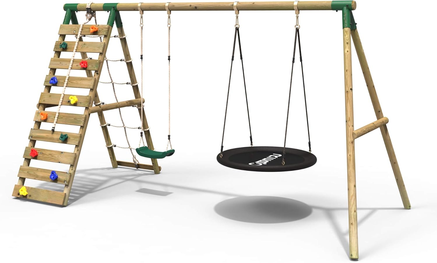 Rebo® Wooden Swing Set with Up and Over Climbing Wall Vale Green