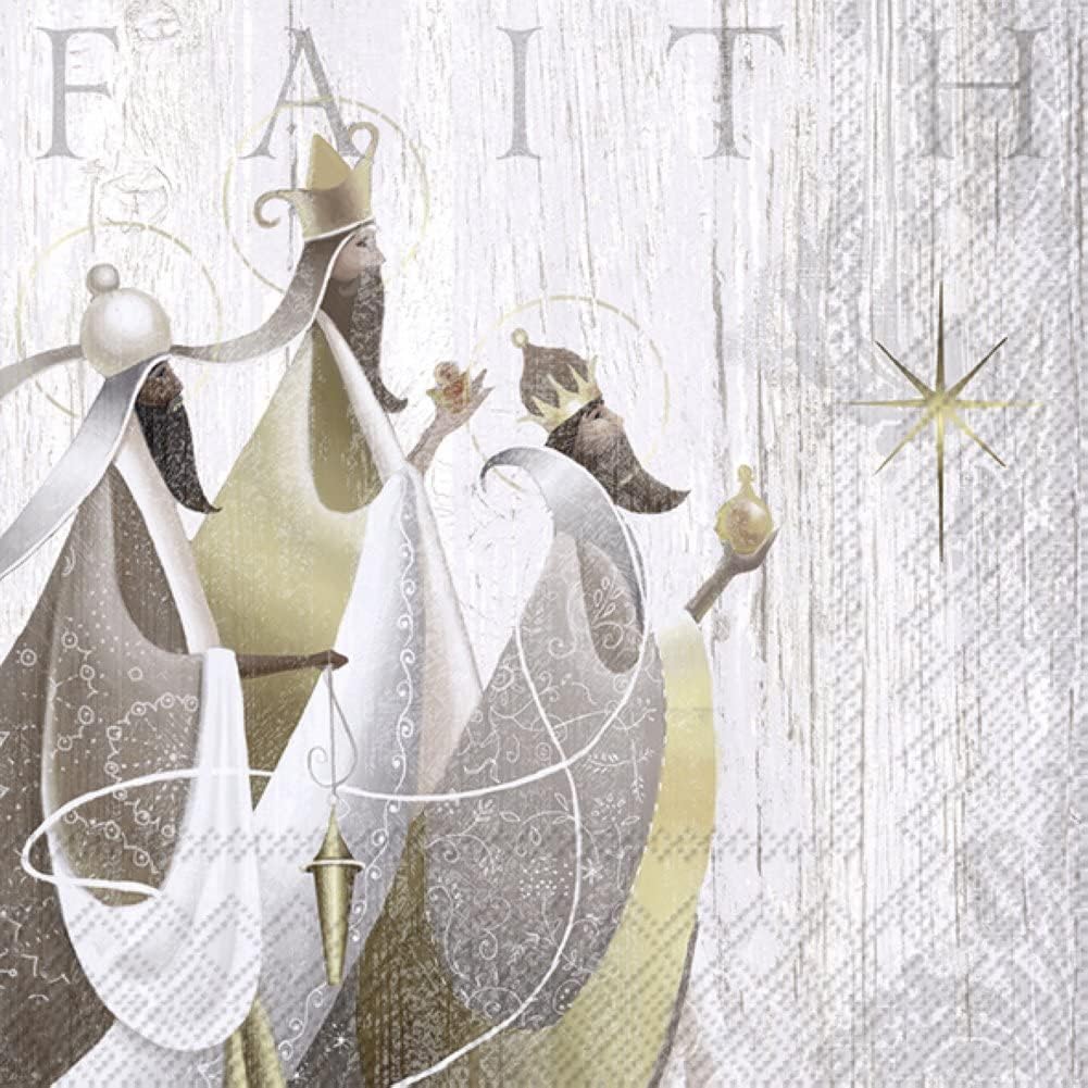 Boston International IHR Winter Holiday Christmas 3-Ply Paper Napkins, 20-Count Lunch Size, Holy Kings- Grey