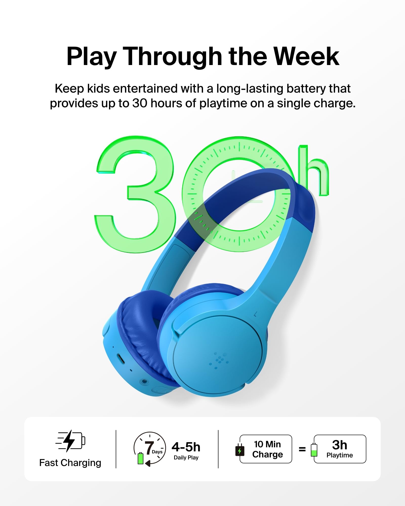 Belkin SoundForm Mini - Auriculares inalámbricos para niños con micrófono Integrado, 30 Horas de Tiempo de reproducción, calcomanías Divertidas y Funda, Auriculares sobre la Oreja para Aprendizaje en