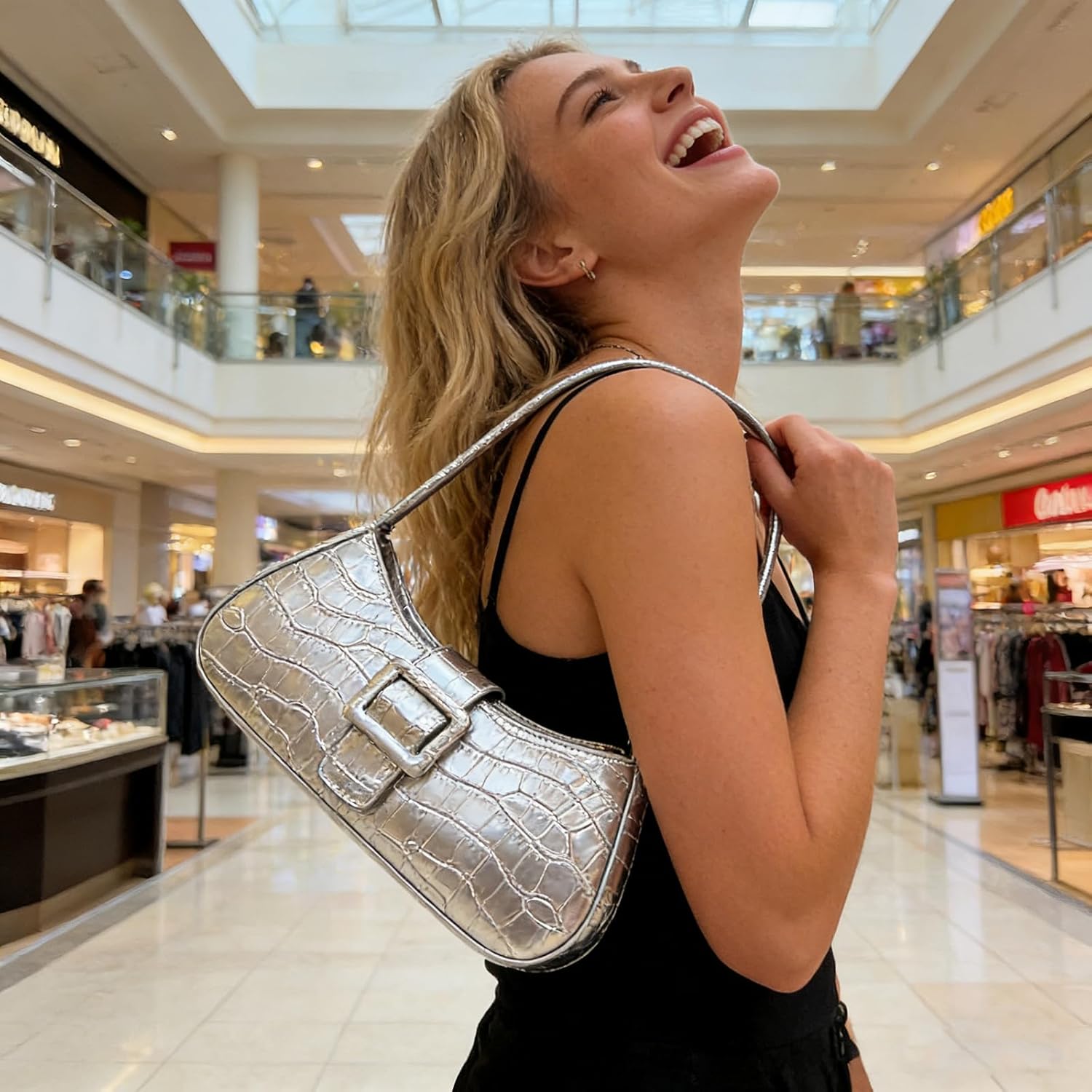 Small Shoulder Bag for Women,Elegant Metallic Crocodile Embossed PU Leather Top Handle Underarm Purse