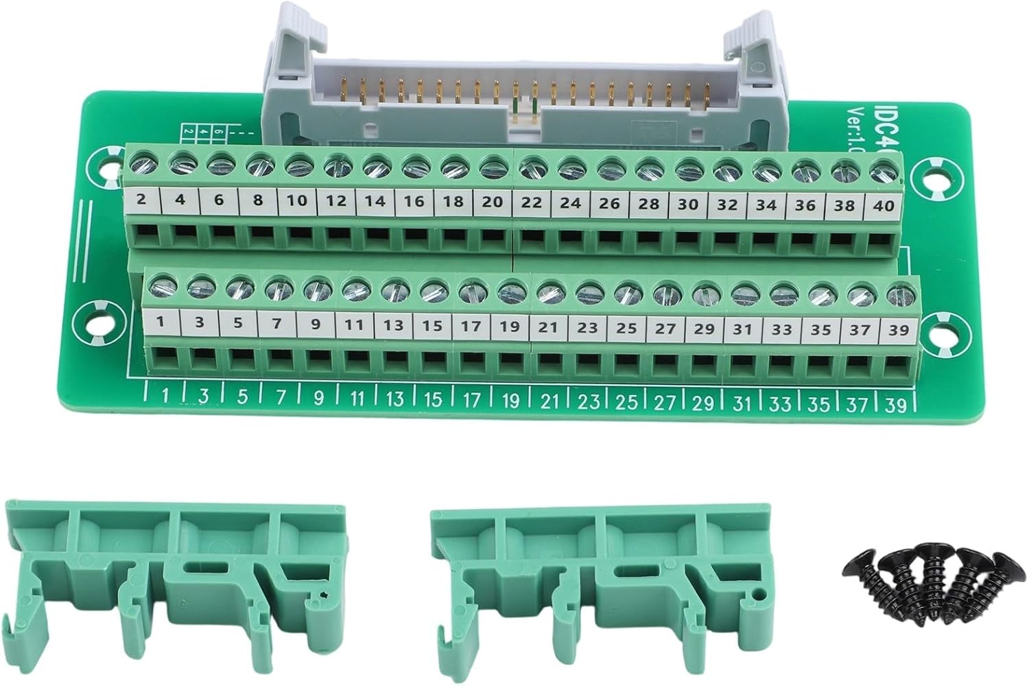 IDC40P-B Terminal Block for Bracket, Copper 36V DIN Rail Mount Connector for PLC Motor Control, Compatible for IDC Series 10P-64P, Green 12.1x5.1cm