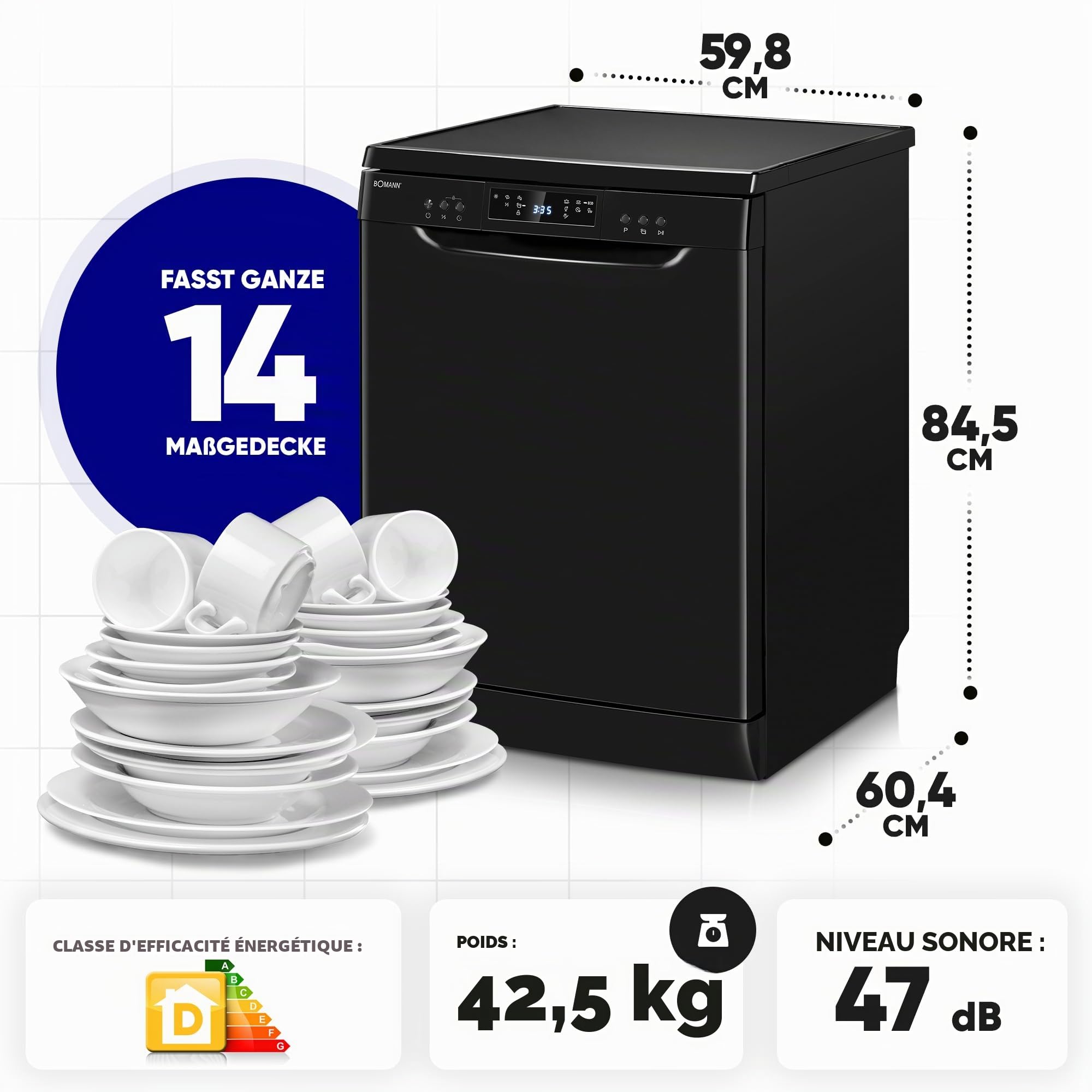 Bomann GSP 7419 Lave-vaisselle 60 cm, 14 places, sur pied ou sous comptoir, 7 programmes et 2 niveaux de pulvérisation, lave-vaisselle avec présélection de démarrage, lave-vaisselle encastrable, noir