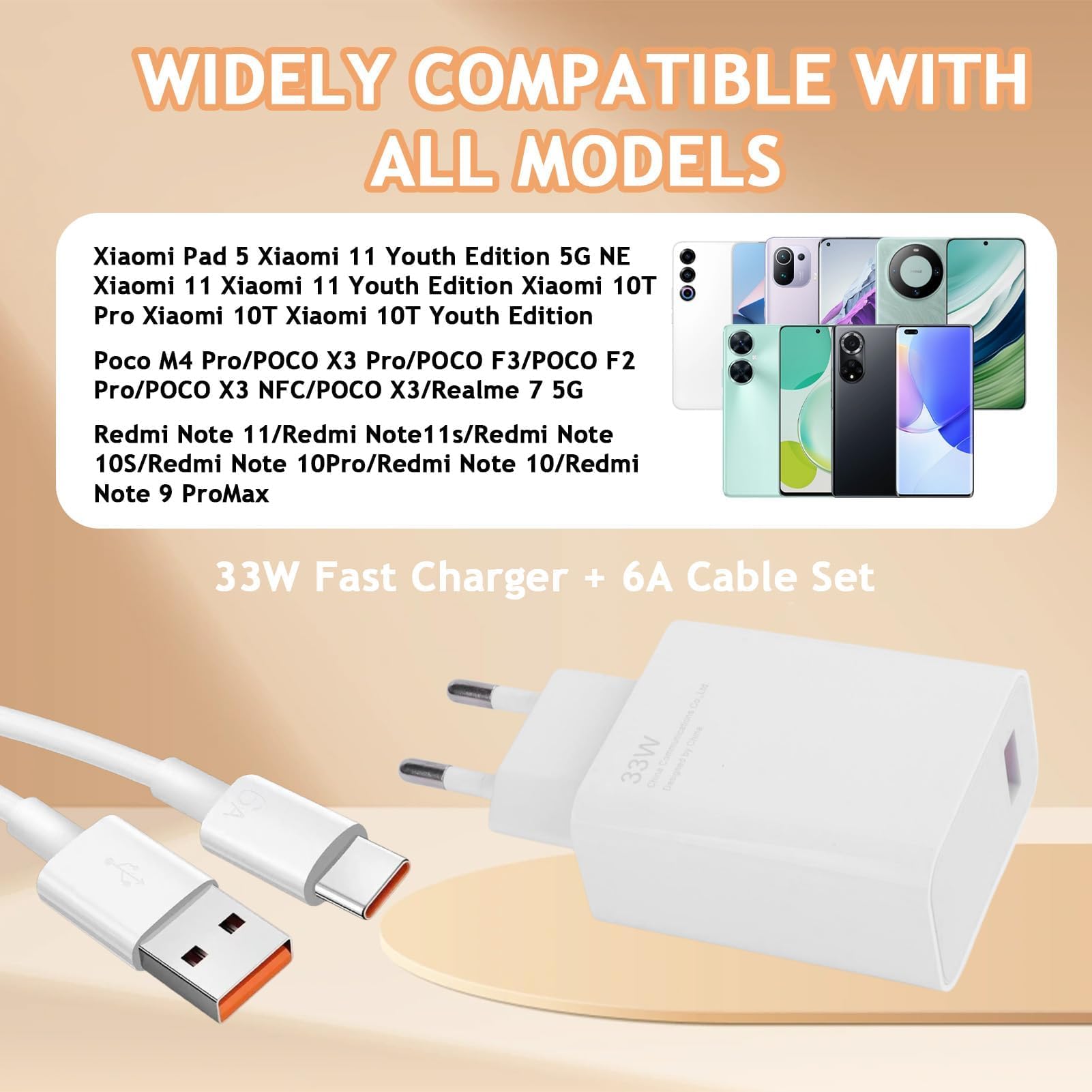 Ładowarka USB C 33 W do Xiaomi Redmi Note 13/12/11 Pro 5G, Mi 12/11 Ultra/Pro, Poco X6 X5 X4, Pad 6/5 z kablem do ładowania 2 m, szybka ładowarka, adapter Turbo Charge do smartfonów Xiaomi i Redmi