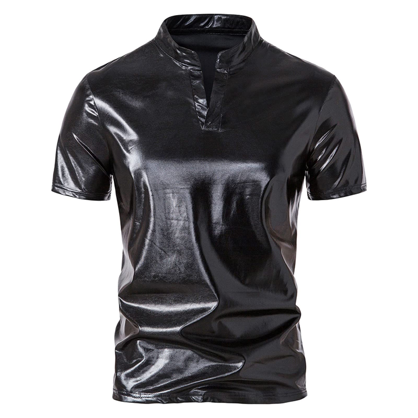 Men's Short Sleeve Top Summer Short Sleeve T Shirt Mens Casual Collar Mens Fashion Nightclub Bright T Shirt Retro Shirts Men - M - Black
