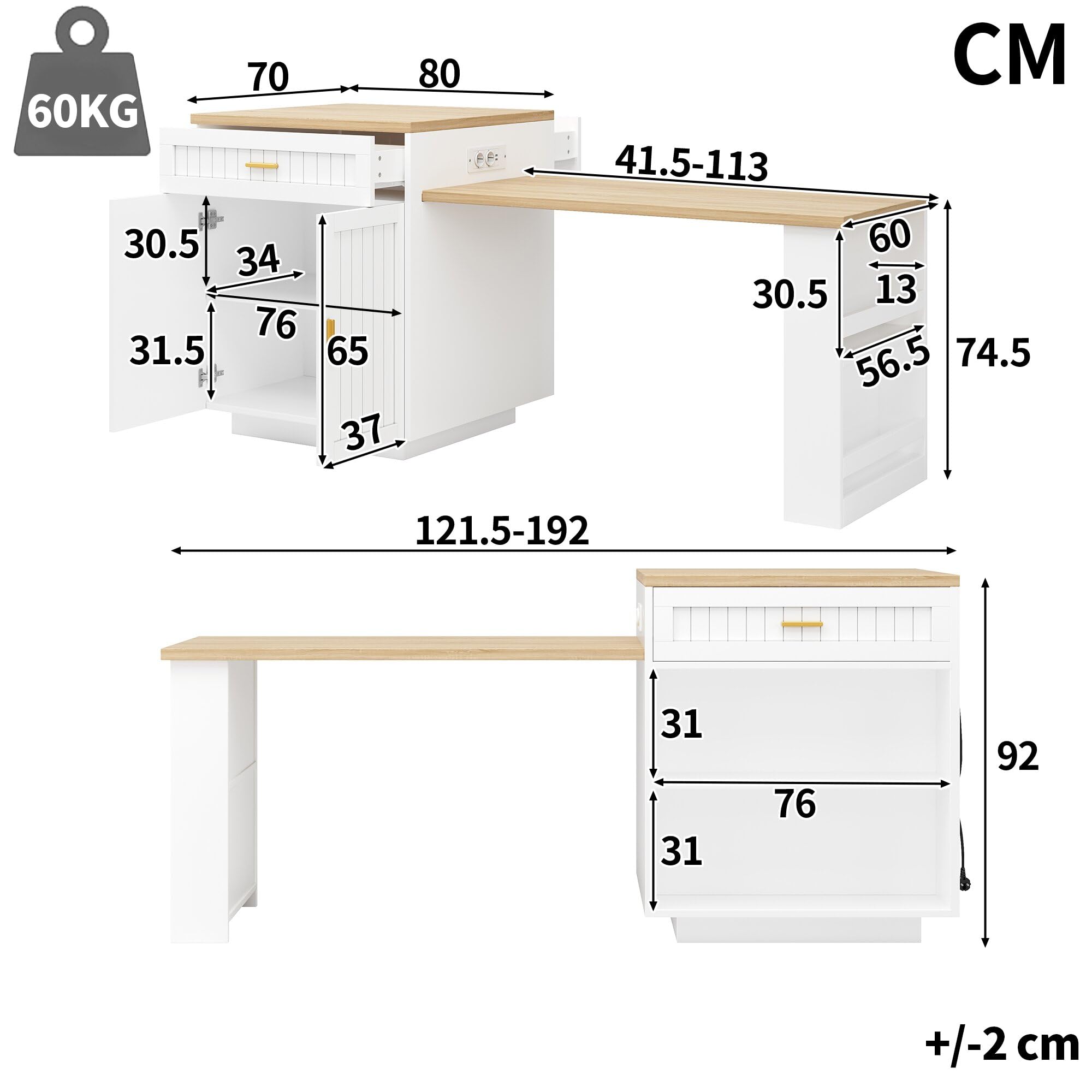 Merax Îlot de cuisine extensible avec prise, 121,5 à 192 cm, îlot de cuisine avec plan de travail et espace de rangement, armoire de cuisine avec 1 tiroir, portes cannelées et étagères réglables