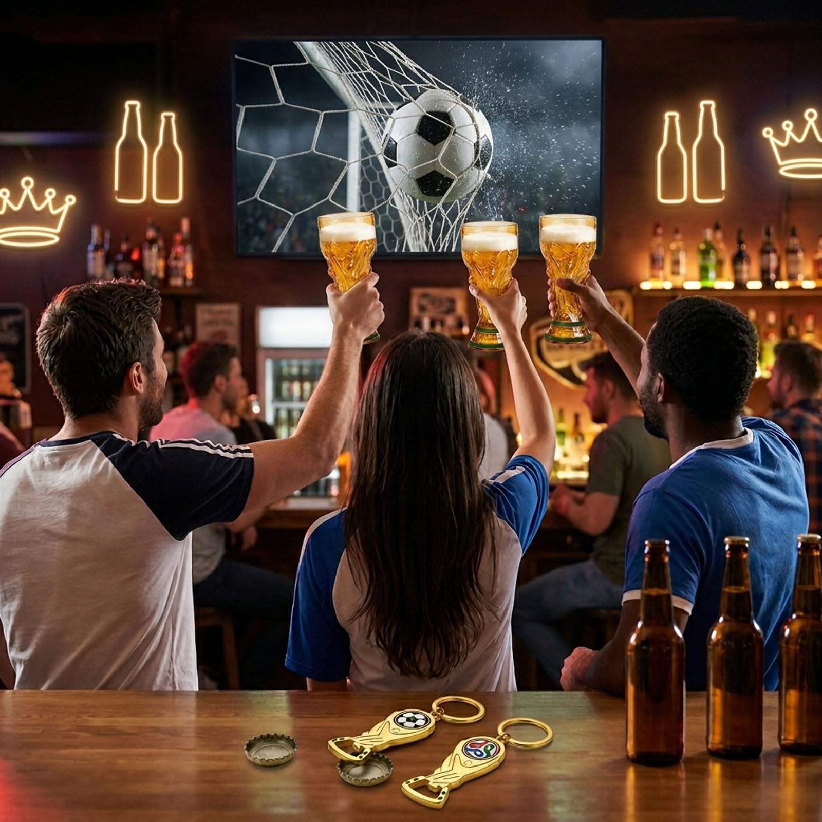 Chope à bière de football 500 ml avec 2 décapsuleurs porte-clés – Verre à bière design coupe à bière aspect métal avec poignée – Article de fan pour les fêtes publiques – Cadeau pour les fans de